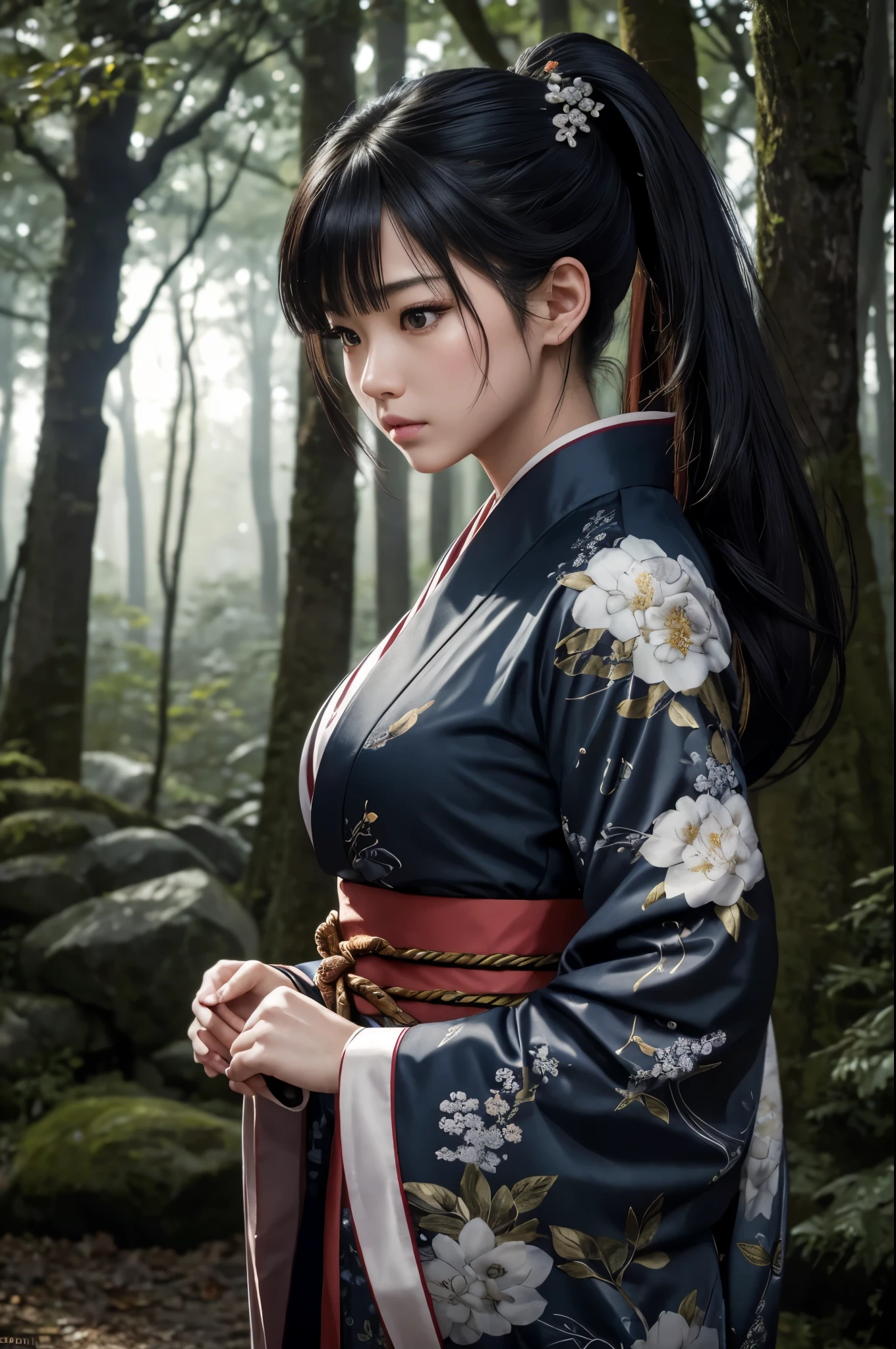 8K,ホラー的なin woods,(masterpiece、top-quality:1.3)、日本の着物を着た護符を持った女子高生のaction scene,超A high resolution,18year old,美しい女の子のaction scene、Super beauty(Like the real thing),Black hair ponytail、(1girl in)、((s lips))、(nase)、((Long face))、Regant、Stylish、sharp gaze,Rugged look,Look at viewers、soft makeup、Textured、Dynamic Posture、wide Shots、 Dramatic Lighting:1.1、(gradientace perfect)、coldness,light particules、(depth of fields)、(intricate-detail:1.2)、in woods(highly detailed back ground)、,The charm of wearing kimono for adults,花魁(Flashy kimono)facing front,A sexy,glares,gloomy atmosphere,Normal breasts,in woods,combat scene,action scene,actionpose,have a talisman in hand,battle movie,