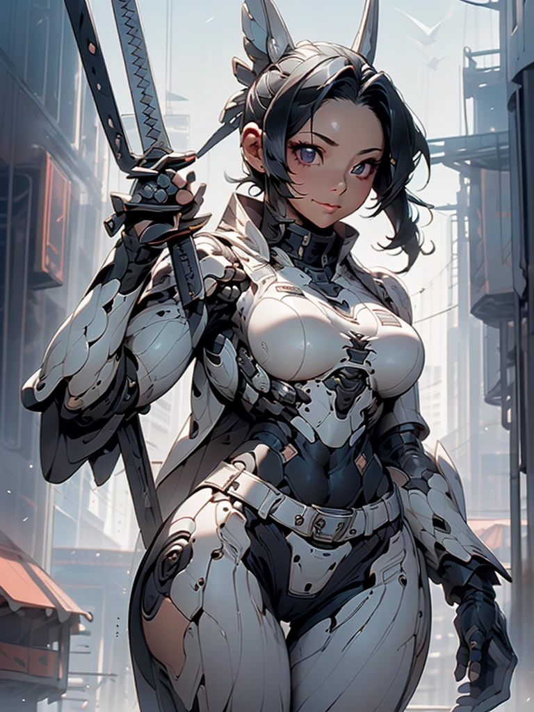 (masterpiece, best quality), 8K, high detail, (((Hu Dieren)))、((A dark-haired))、full bodyesbian、Bird's eye view、cyborgs、mechanised、full bodyesbianアーマー、Huge breasts、cleavage of the breast、toned waist、Big ass、Voluptuous thighs、On the roof of a building