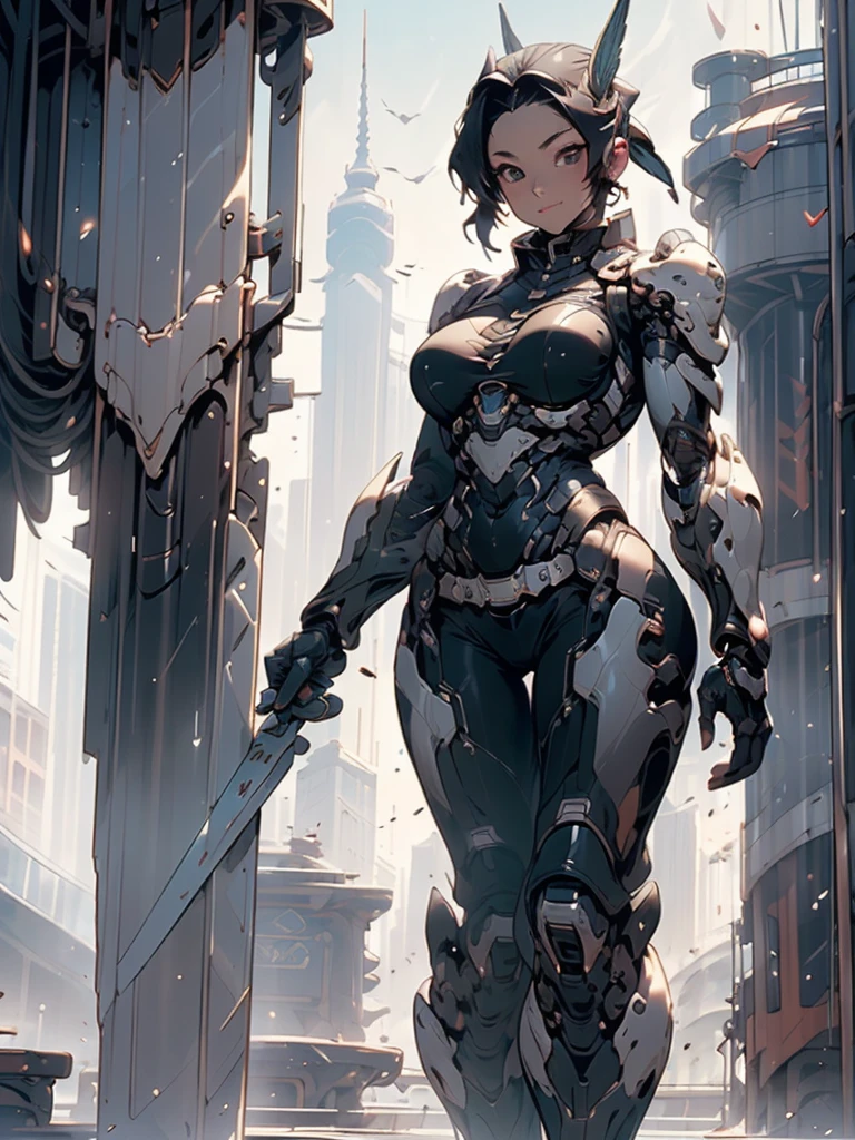(masterpiece, best quality), 8K, high detail, (((Hu Dieren)))、((A dark-haired))、full bodyesbian、Bird's eye view、cyborgs、mechanised、full bodyesbianアーマー、Huge breasts、cleavage of the breast、toned waist、Big ass、Voluptuous thighs、On the roof of a building