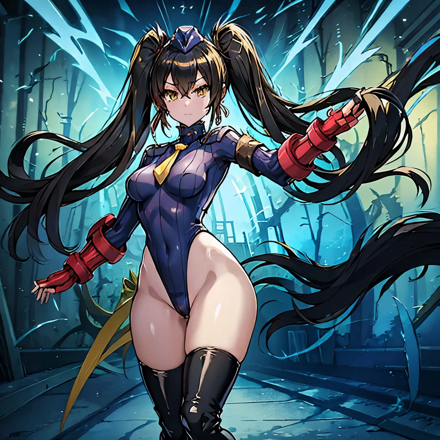 ultra-detailed, Explicit, Beautiful body, Beautiful Nose, Beautiful character design, perfect eyes, perfect face, ultra highres, 4K, beautiful legs, perfect legs, Nice hands, Perfect hand, Masterpiece, Best Quality, Highly detailed, illustration, absurdres, street fighter, doll suit, shadaloo doll, dollsuit, expressionless, blank eyes, looking at viewer, red gloves, emotionless, black latex, corrution, mind control, female combatant, full body, hypnotized, unhappy trance, full body suit, ribbed bodysuit, both arms at side, obey, perfect female body, extremely glossy latex, hypnosis, hypnoLora, empty eyes, Mind control device, poses, submissive_pose, Slave, hat, necktie, stand up straight, standing, standing at attention, hat, necktie, belt, latex, ribbed bodysuit, thighhighs, garter belt, Fighting Stance, extending the right arm from the shoulder into the air with a straightened hand, nazi saluting, military, military saluting, salute, thigh boots, Yu-Gi-Oh!, 1girl, solo, long hair, black hair, yellow eyes, twintails, Ohime the Manifested Mikanko, jewelry, weapon, sword, multicolored hair, earrings, yellow wings, ribbon, feathers,