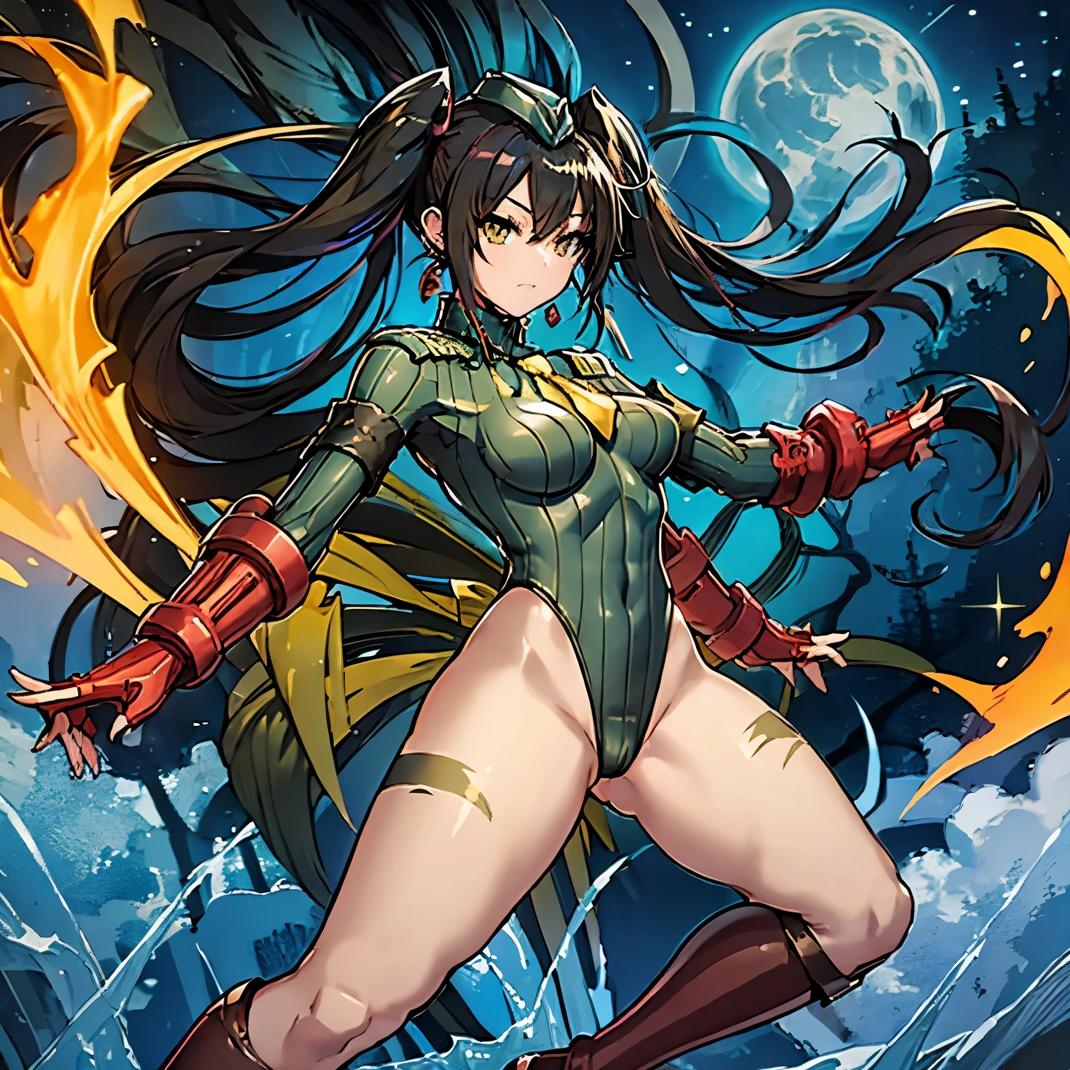 ultra-detailed, Explicit, Beautiful body, Beautiful Nose, Beautiful character design, perfect eyes, perfect face, ultra highres, 4K, beautiful legs, perfect legs, Nice hands, Perfect hand, Masterpiece, Best Quality, Highly detailed, illustration, absurdres, street fighter, doll suit, shadaloo doll, dollsuit, expressionless, blank eyes, looking at viewer, red gloves, emotionless, black latex, corrution, mind control, female combatant, full body, hypnotized, unhappy trance, full body suit, ribbed bodysuit, both arms at side, obey, perfect female body, extremely glossy latex, hypnosis, hypnoLora, empty eyes, Mind control device, poses, submissive_pose, Slave, hat, necktie, stand up straight, standing, standing at attention, hat, necktie, belt, latex, ribbed bodysuit, thighhighs, garter belt, Fighting Stance, extending the right arm from the shoulder into the air with a straightened hand, nazi saluting, military, military saluting, salute, thigh boots, Yu-Gi-Oh!, 1girl, solo, long hair, black hair, yellow eyes, twintails, Ohime the Manifested Mikanko, jewelry, weapon, sword, multicolored hair, earrings, yellow wings, ribbon, feathers,