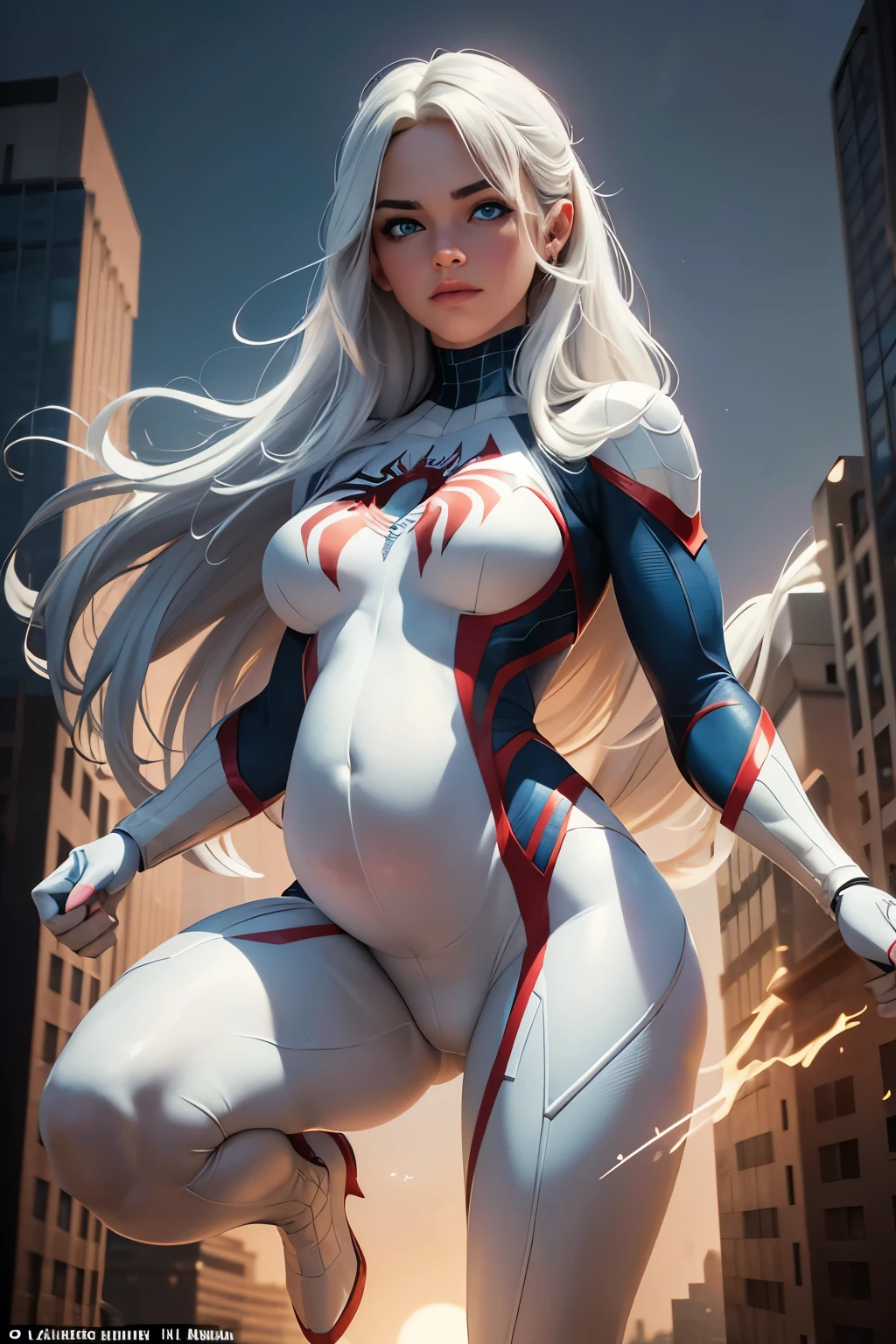 (Masterpiece, 4k resolution, ultra-realistic, very detailed), (White superhero theme, charismatic, there's a girl on top of town, wearing Spider-Man costume, she's a superhero), [ ((25 years), (long white hair:1.2), full body, (blue eyes:1.2), ((Spider-Man pose),show of strength, jumping from one building to another), ((sandy urban environment):0.8)| (cityscape, at night, dynamic lights), (full moon))] # Explanation: The Prompt mainly describes a 4K painting of ultra-high definition, very realistic, very detailed. It shows a superheroine at the top of the city, wearing a Spider-Man costume. The theme in the painting is a white superhero theme, the female protagonist has long white hair, is 25 years old and her entire body is shown in the painting. In terms of portraying the actions of superheroines, spiders are employed, ((pregnant))