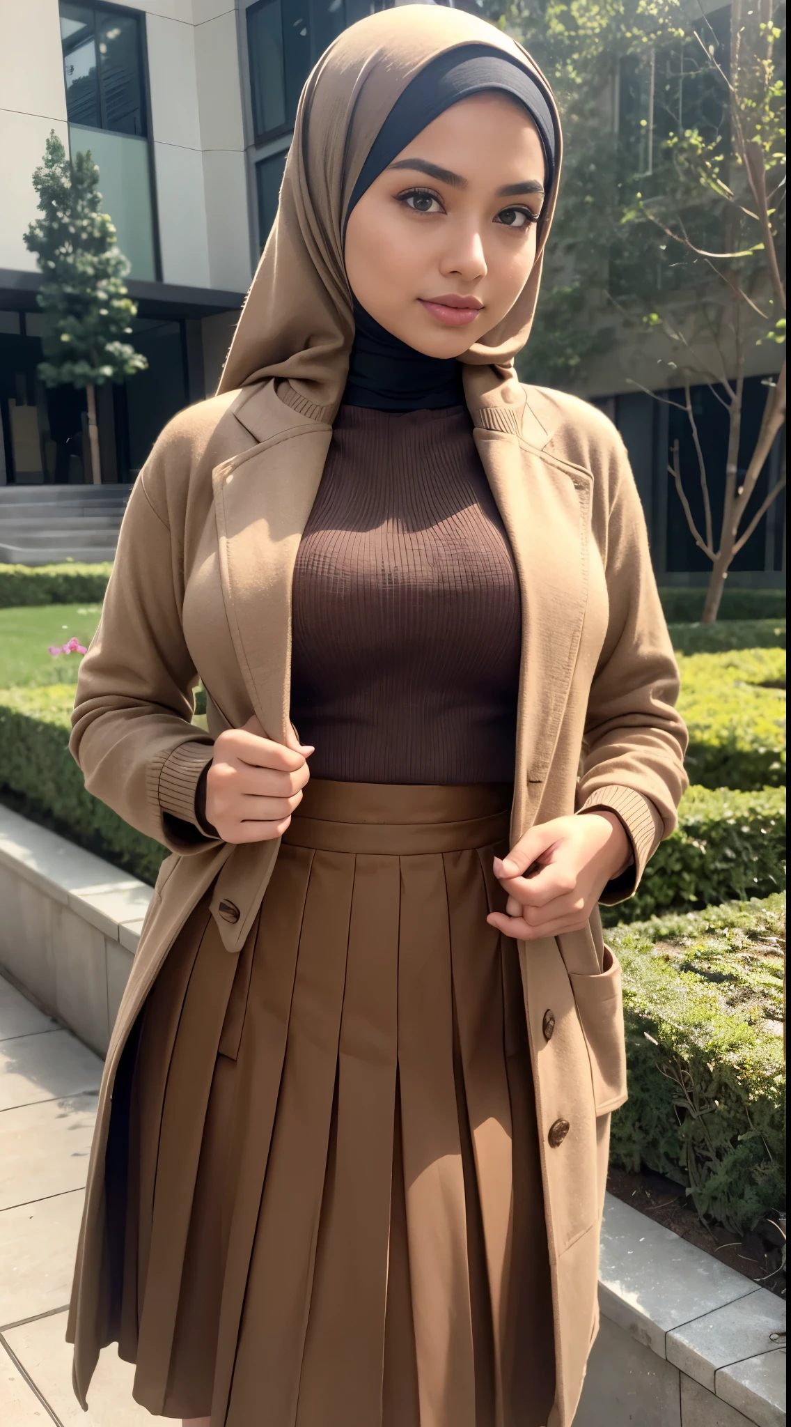 RAW, Best quality, high resolution, masterpiece: 1.3), beautiful Malay woman in hijab,Masterpiece, perfect fit body, big breast,big gorgeous eyes, Soft smile,beutiful face,thick thighs, woman in a brown skirt and a denim jacket, pleated skirt, cropped shirt with jacket, long skirt, layered skirts, flowing blue skirt, modestly dressed, brown clothes, multilayered outfit, modern casual clothing, brown color, light brown, brown jacket,  style, dressed in long fluent skirt, female outfit, casual modern clothing, wide skirts , (Delicate turtleneck) , shairband, afternoon walk, City garden, Excellent lighting, Bright colors, Clean lines, close up