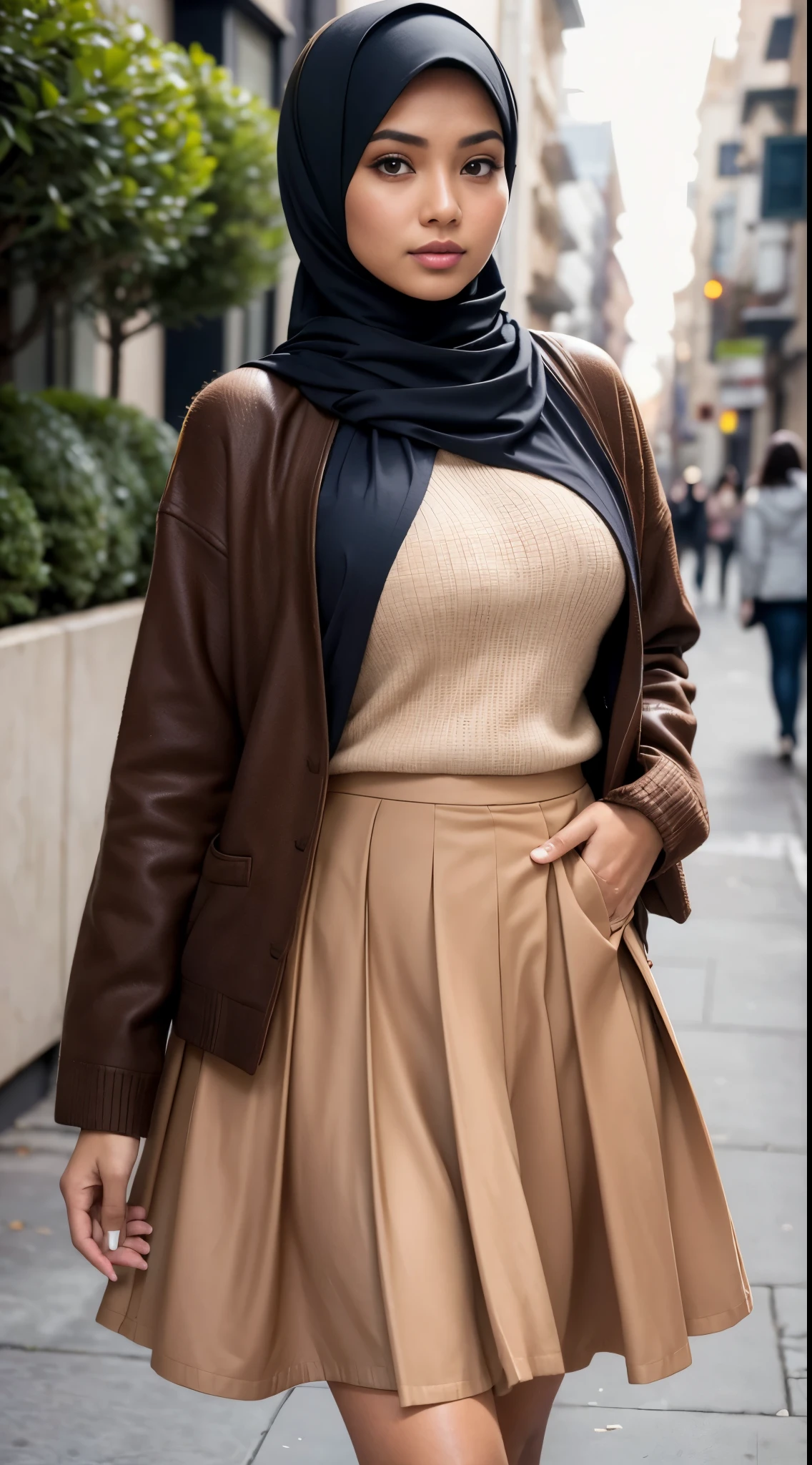 RAW, Best quality, high resolution, masterpiece: 1.3), beautiful Malay woman in hijab,Masterpiece, perfect fit body, big breast,big gorgeous eyes, Soft smile,beutiful face,thick thighs, woman in a brown skirt and a denim jacket, pleated skirt, cropped shirt with jacket, long skirt, layered skirts, flowing blue skirt, modestly dressed, brown clothes, multilayered outfit, modern casual clothing, brown color, light brown, brown jacket, style, dressed in long fluent skirt, female outfit, casual modern clothing, wide skirts , (Delicate turtleneck) , shairband, afternoon walk, City garden, Excellent lighting, Bright colors, Clean lines, close up