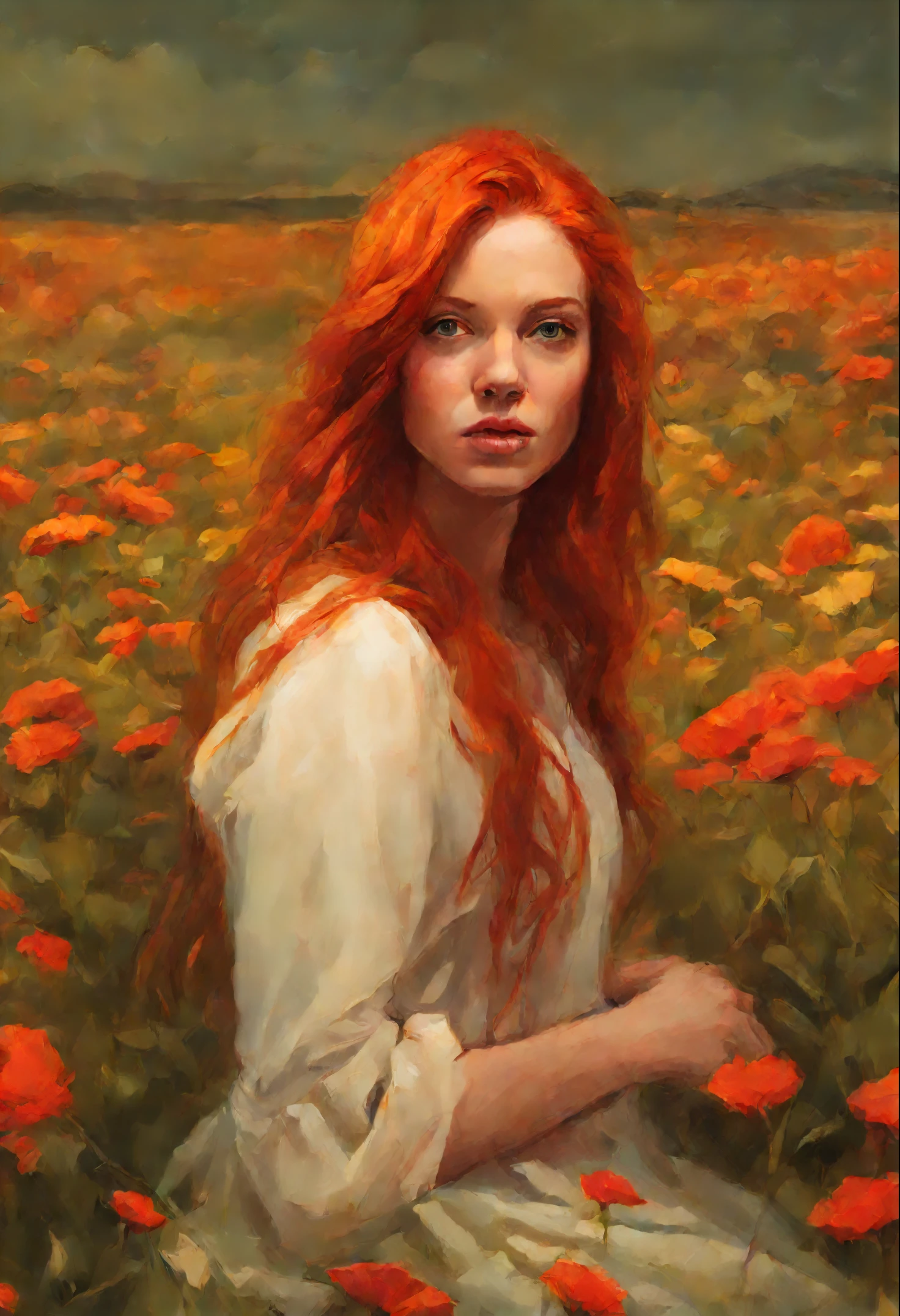 Painting "Woman with red hair in a flower field", gorgeous digital painting, beautiful digital painting, Galen Dara, redhead woman, Stunning digital painting, inspired by Vincent Lefevre, rhads and lois van baarle, Digital oil painting, Author: Mads Mountain, Digital Oil Painting, portrait of a red haired girl, by Igor Grabar