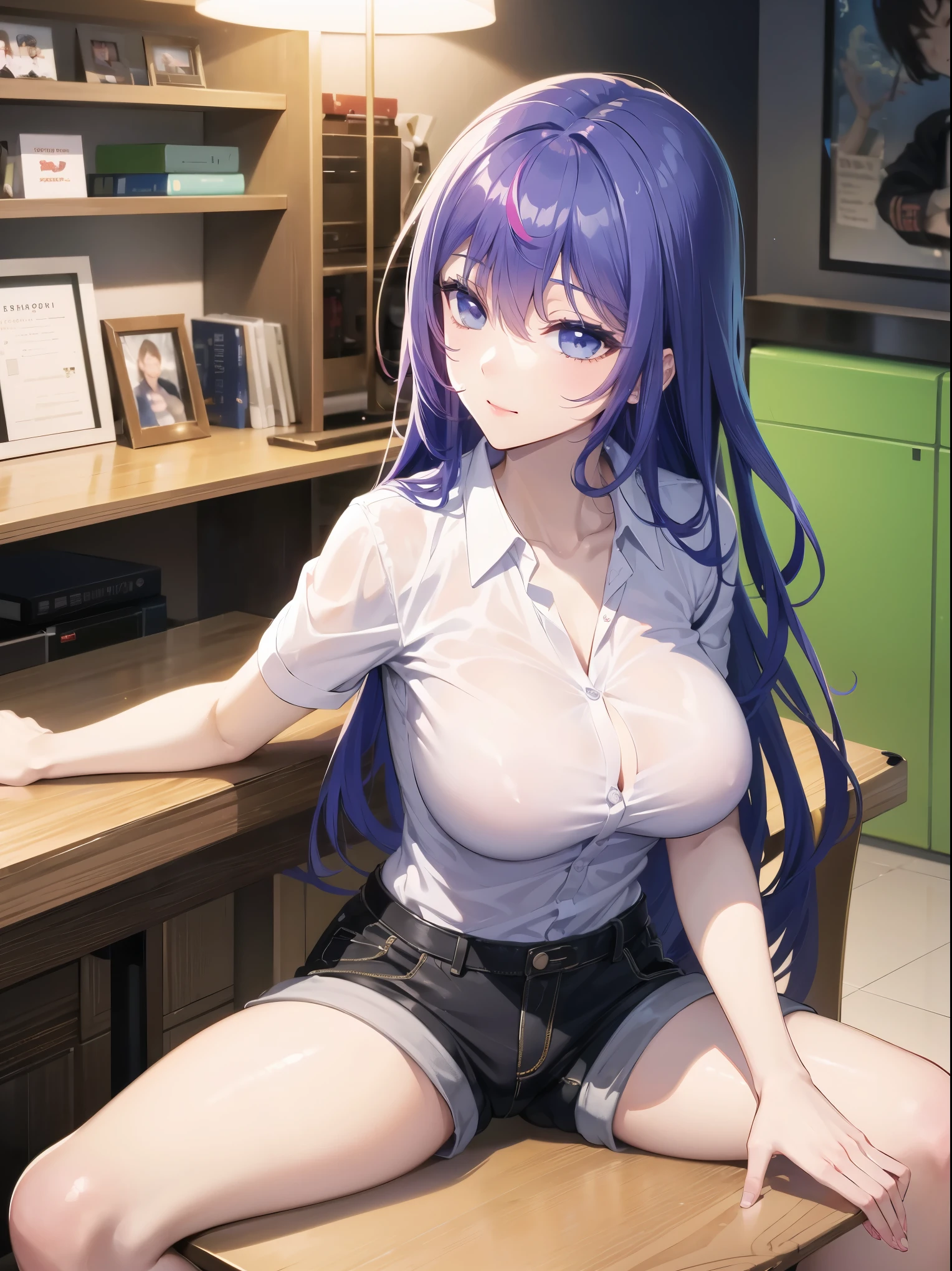 Tang Wutong, big boobs, wearing a shirt and shorts, studying at a table, home