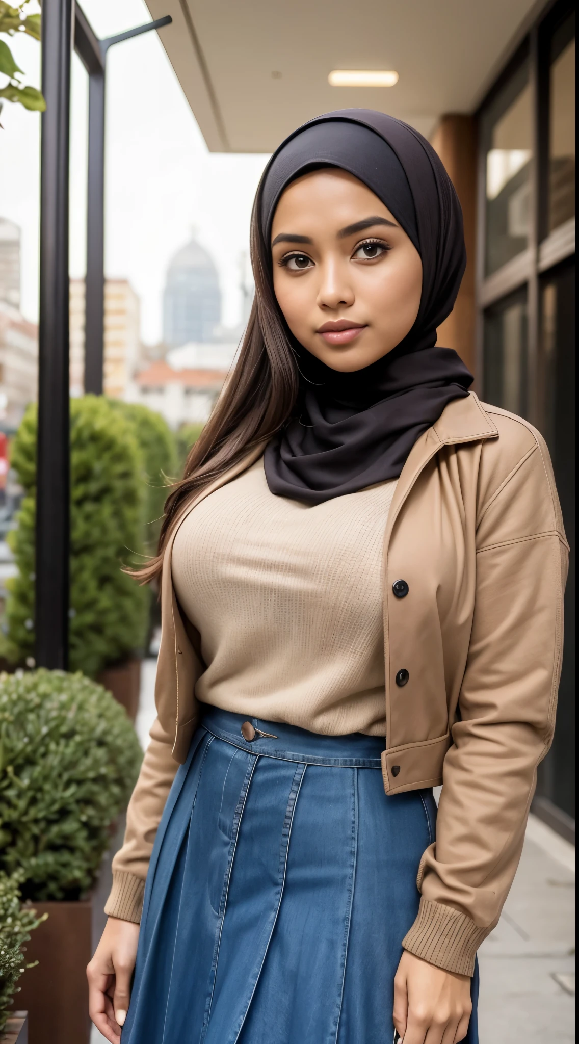 RAW, Best quality, high resolution, masterpiece: 1.3), beautiful Malay woman in hijab,Masterpiece, perfect fit body, big breast,big gorgeous eyes, Soft smile,beutiful face,thick thighs, woman in a brown skirt and a denim jacket, pleated skirt, cropped shirt with jacket, long skirt, layered skirts, flowing blue skirt, modestly dressed, brown clothes, multilayered outfit, modern casual clothing, brown color, light brown, brown jacket, style, dressed in long fluent skirt, female outfit, casual modern clothing, wide skirts , (Delicate turtleneck) , shairband, afternoon walk, City garden, Excellent lighting, Bright colors, Clean lines, close up