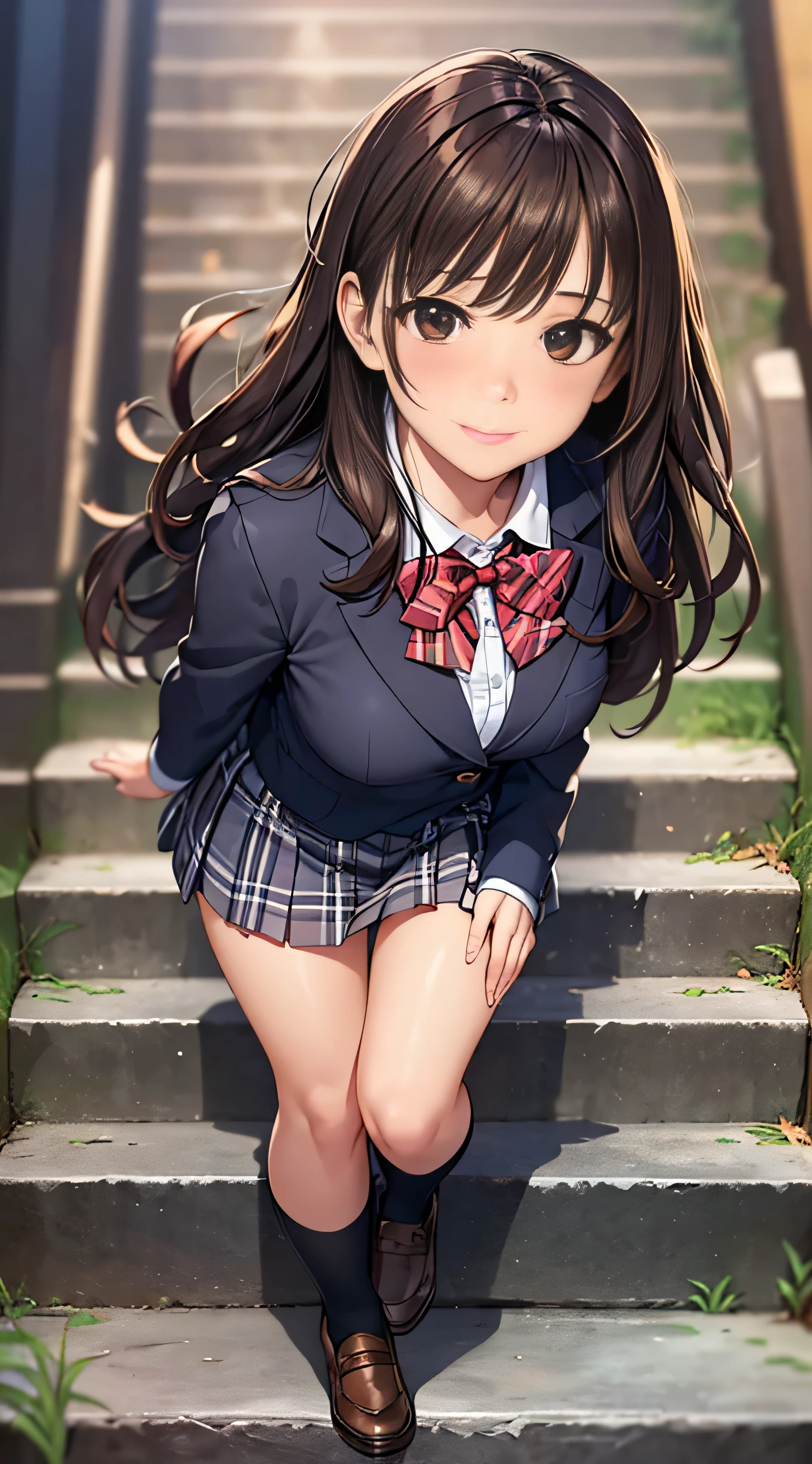 ((masutepiece, Best Quality, hight resolution, nffsw, Perfect Pixel,  4K, nffsw, nffsw))), 1girl in, Single, Solo, Beautie、full body seen、 ((Middle Wave Hair, Bangs, Brown hair)), ((Brown-eyed, Beautiful eyelashes, Realistic eyes)), ((Detailed face, Blushing:1.2)), ((Smooth texture:0.75, Realistic texture:0.65, Photorealistic:1.1, Anime CG style)), medium breasts, Dynamic Angle, Perfect body,  ((red bowtie, School uniform, , White shirt, Black skirt, plaid skirts)), Subway stairs、Looking up from the bottom of the stairs、Very embarrassing panic smile, facing back、all-fours、(The wind flipped my skirt and exposed my butt........................、Touching the buttocks with both hands、Pink lace panties)、