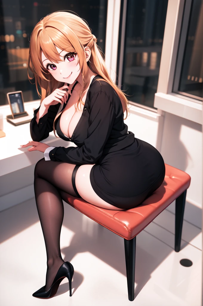 anime, beautiful face, highly detailed face, 2 accurate legs detailed eyes, highly detailed background, perfect lighting, accurate arms, accurate hands, accurate fingers, full body, 1girl, solo, ruby hoshino, oshi no ko, indoors, detailed heels, black detailed thighhighs, indoors, in the office, absurdres, high res, ultrasharp, 8K, masterpiece, looking at viewer, (full body:1.4), smiling with compassion, teasing smile, tounge out, tight skirt, office uniform, unbuttoned shirt, detailed shirt, cleavage, sitting on a chair at a desk, view from behind, ass view, looking over her shoulders,