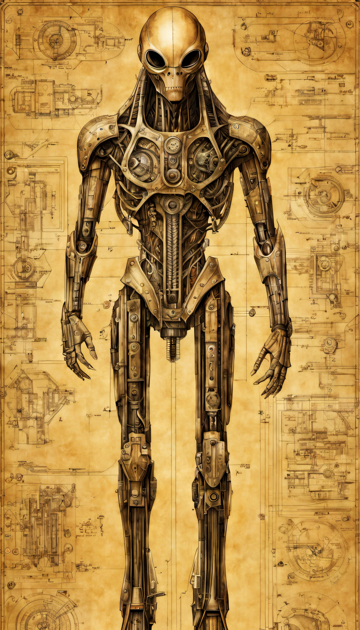 An old and yellowed construction plan, a rough black pencil background drawing of a full lenght Alien cyborg sericite board and wiring instruction's cut away the drawing is inspired by doodle Art and da vinci and h.r. giger and science fiction comics and line drawings, intricate details, hyperdetailed, Perfect quality, very detailed, 4k, high Resolution, inticrate details, detailed textures, sharp focus, ultra-high pixel detail, intricate, high-quality, incredibly detailed, masterpiece, ultra-detailed, photorealistic, professional photography