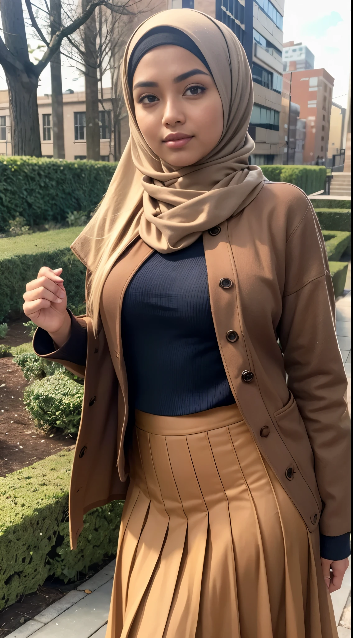 RAW, Best quality, high resolution, masterpiece: 1.3), beautiful Malay woman in hijab,Masterpiece, perfect fit body, big breast,big gorgeous eyes, Soft smile,beutiful face,thick thighs, woman in a brown skirt and a denim jacket, pleated skirt, cropped shirt with jacket, long skirt, layered skirts, flowing blue skirt, modestly dressed, brown clothes, multilayered outfit, modern casual clothing, brown color, light brown, brown jacket,  style, dressed in long fluent skirt, female outfit, casual modern clothing, wide skirts , (Delicate turtleneck) , shairband, afternoon walk, City garden, Excellent lighting, Bright colors, Clean lines, close up