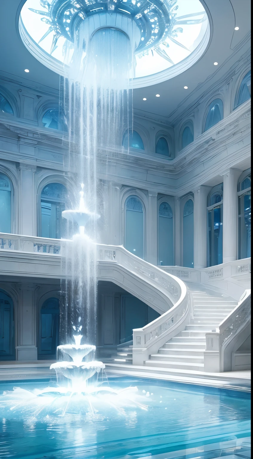 Light blue-white tones，Gorgeous interior space，Blend in with the beautiful white building，All white interior fantasy scene，((Super spectacular fountain))，(Super rich fountains on different levels，Transformation crystal， crystals，Super quality，tmasterpiece，Super refined，A lot of detail，Splashing water droplets and mist，water vapor eruption