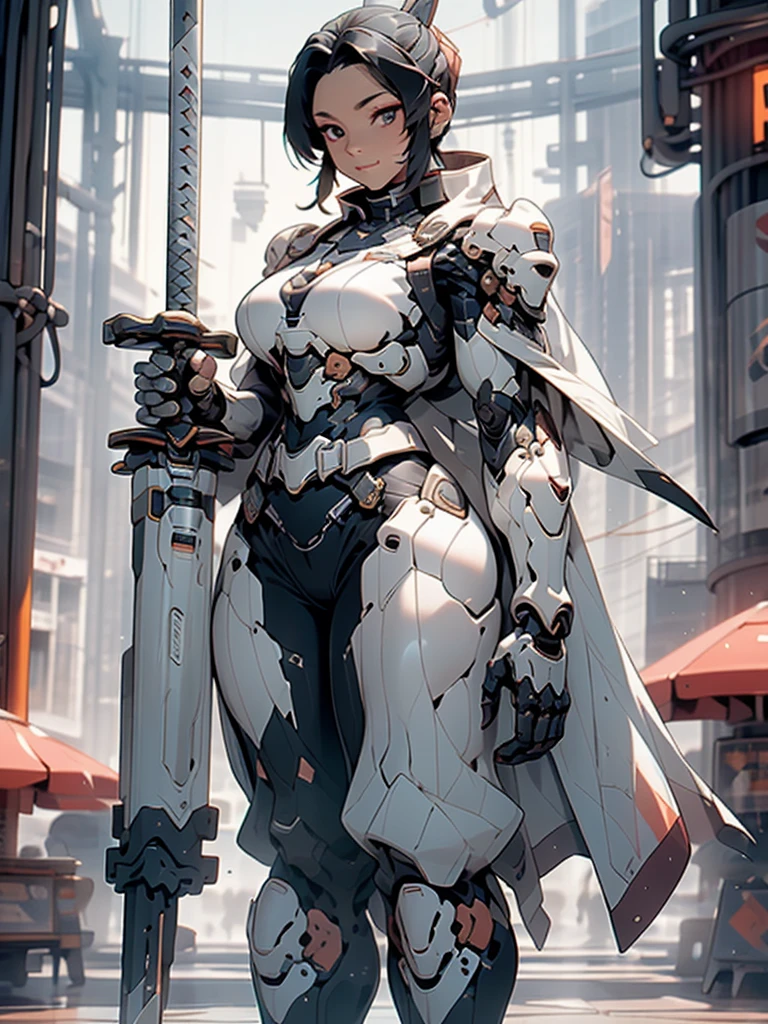 (masterpiece, best quality), 8K, high detail, (((Hu Dieren)))、((A dark-haired))、cyborgs、mechanised、Full Body Armor、Huge breasts、cleavage of the breast、toned waist、Big ass、Voluptuous thighs、de pele branca、inside in room、