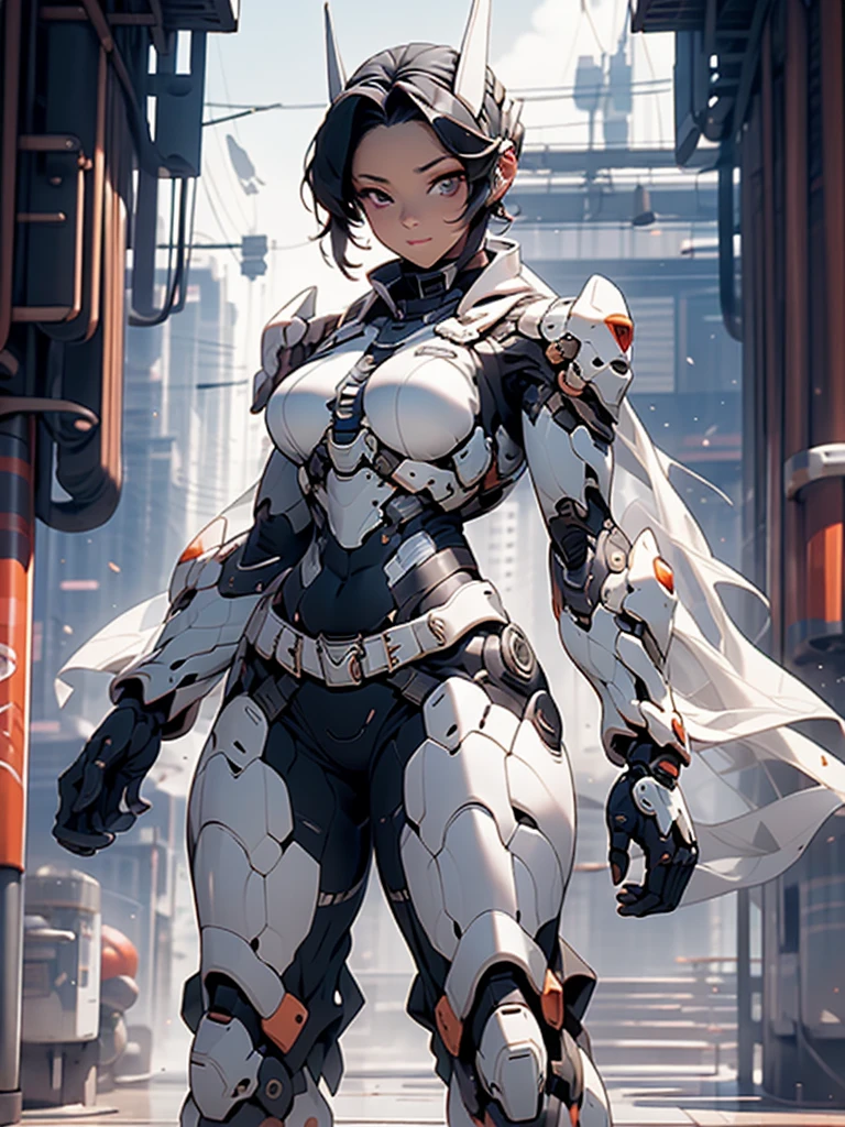 (masterpiece, best quality), 8K, high detail, (((Hu Dieren)))、((A dark-haired))、cyborgs、mechanised、Full Body Armor、Huge breasts、cleavage of the breast、toned waist、Big ass、Voluptuous thighs、de pele branca、inside in room、