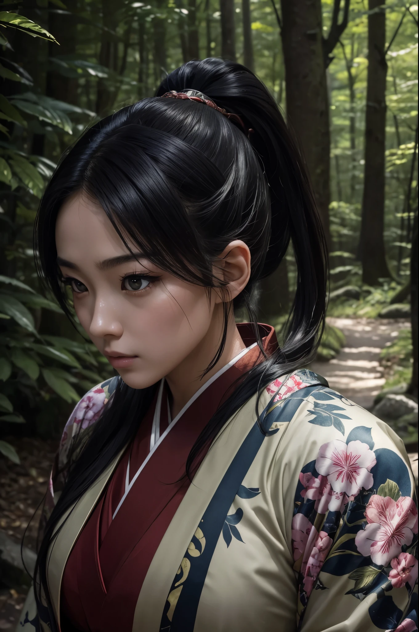8K,ホラー的なin woods,(masterpiece、top-quality:1.3)、日本の着物を着て日本刀を持った女子高生のaction scene,超A high resolution,18year old,美しい女の子のaction scene、Super beauty(Like the real thing),Black hair ponytail、(1girl in)、((s lips))、(nase)、((Long face))、Regant、Stylish、sharp gaze,Rugged look,Look at viewers、soft makeup、Textured、Dynamic Posture、wide Shots、 Dramatic Lighting:1.1、(gradientace perfect)、coldness,light particules、(depth of fields)、(intricate-detail:1.2)、in woods(highly detailed back ground)、,The charm of wearing kimono for adults,花魁(Flashy kimono)facing the front there,A sexy,glares,gloomy atmosphere,Normal breasts,in woods,combat scene,action scene,actionpose,have a talisman in hand,battle movie,