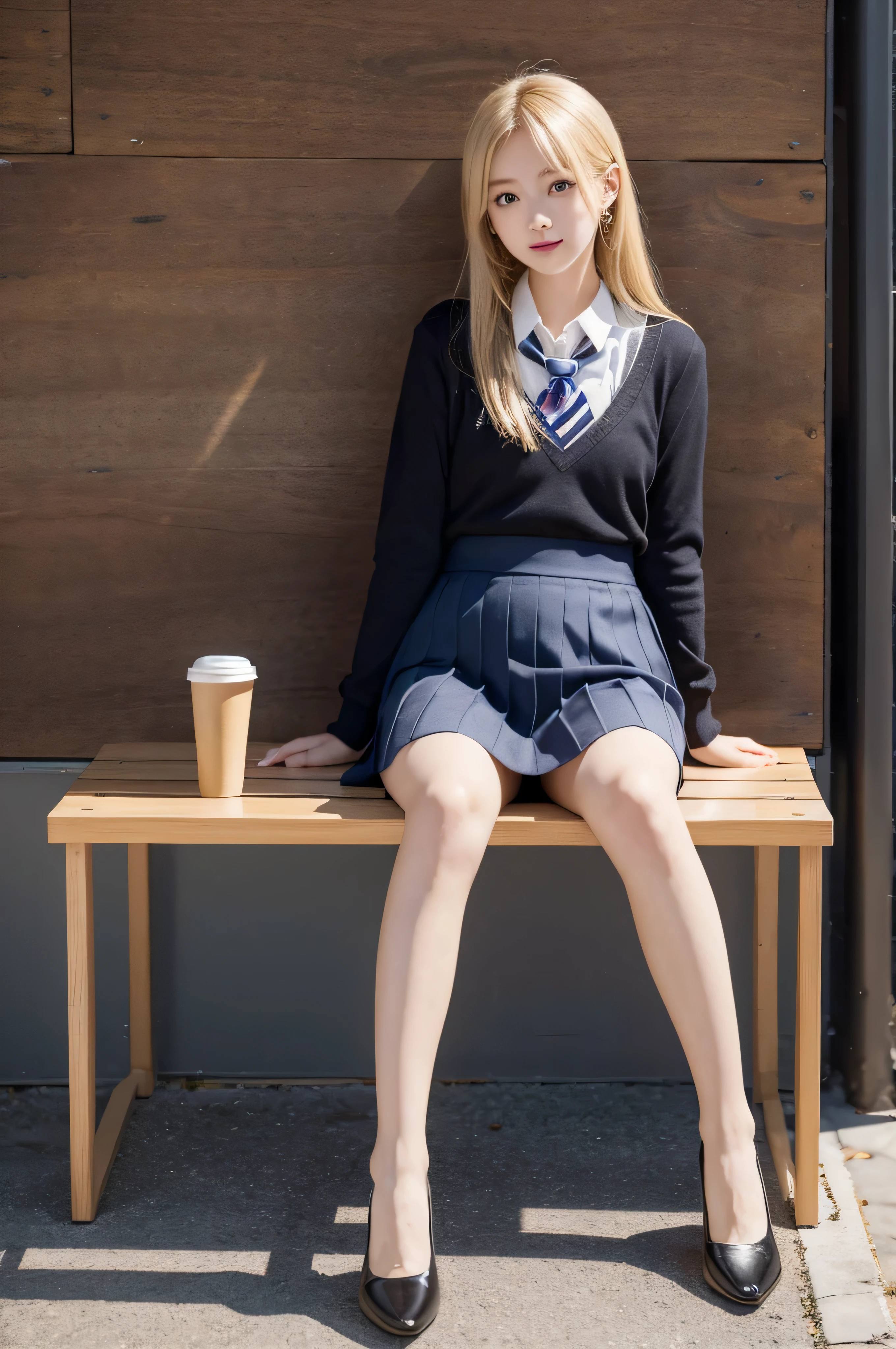 a blond、full body seen、Full body portrait、Anime girl sitting on a bench and eating cookies、Hanayamada、超現実的なhi-school girl、リアルなhi-school girl、Anime visuals of cute girls、small curvy 、超現実的なhi-school girl、Magic School Student Uniform、hi-school girl、mysterious coffee shop girl、短編のFull body portrait!、Kushat Krenzky Art Feminine