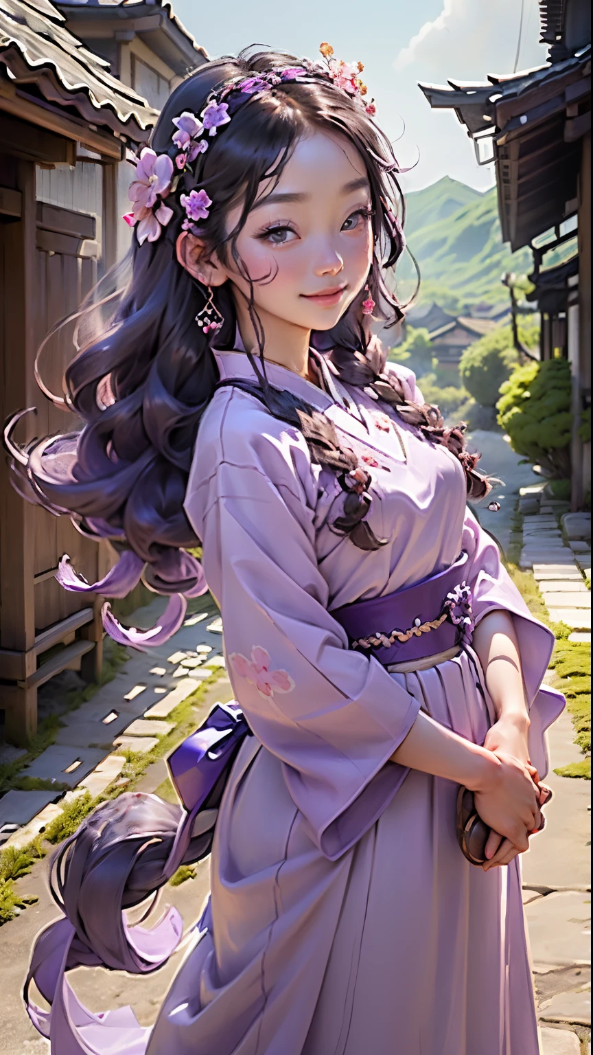 (girl in bright purple hanbok,long flowing skirt,large eyes,absolute beauty,1 girl,close-up,healing smile,scenic landscape,4K resolution,twist braid,princess hair style,princess cut,simple hair accessory,plum blossom,people can't forget its beauty when they see it)