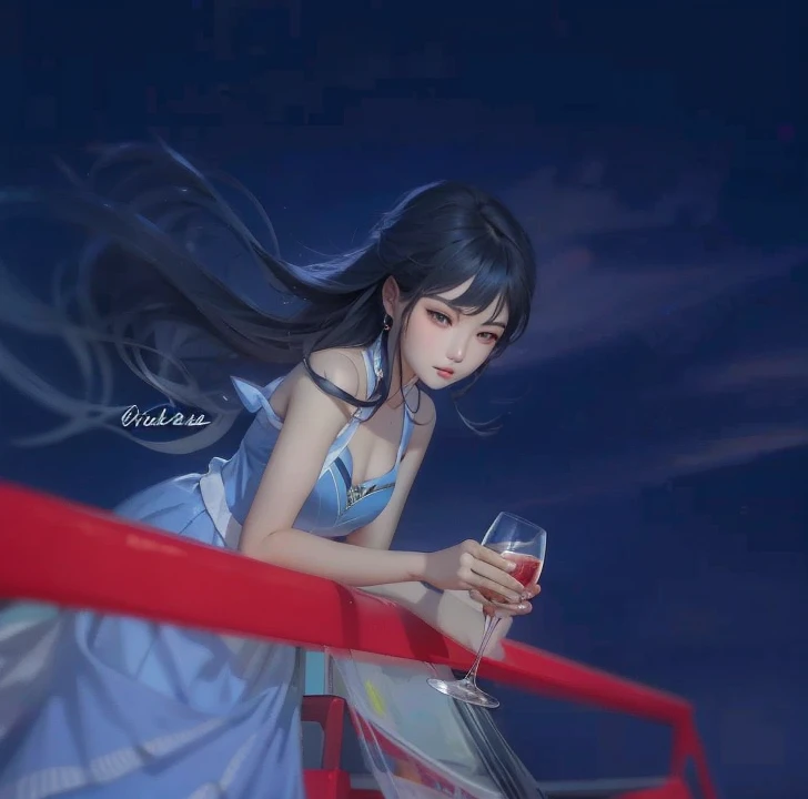 Korea girl in a blue dress holding a glass of wine, guweiz, beautiful girl, black hair, fly away hair, pointed nose, beautiful lips, realistic ultra details, high quality face