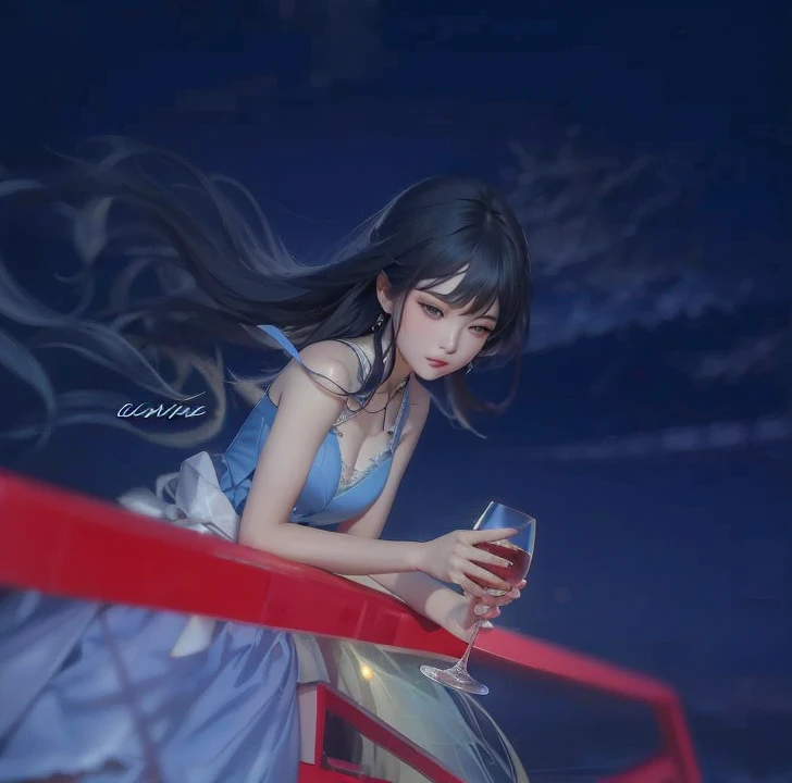 Korea girl in a blue dress holding a glass of wine, guweiz, beautiful  girl, black hair, fly away hair, pointed nose, beautiful lips, realistic ultra details, high quality face