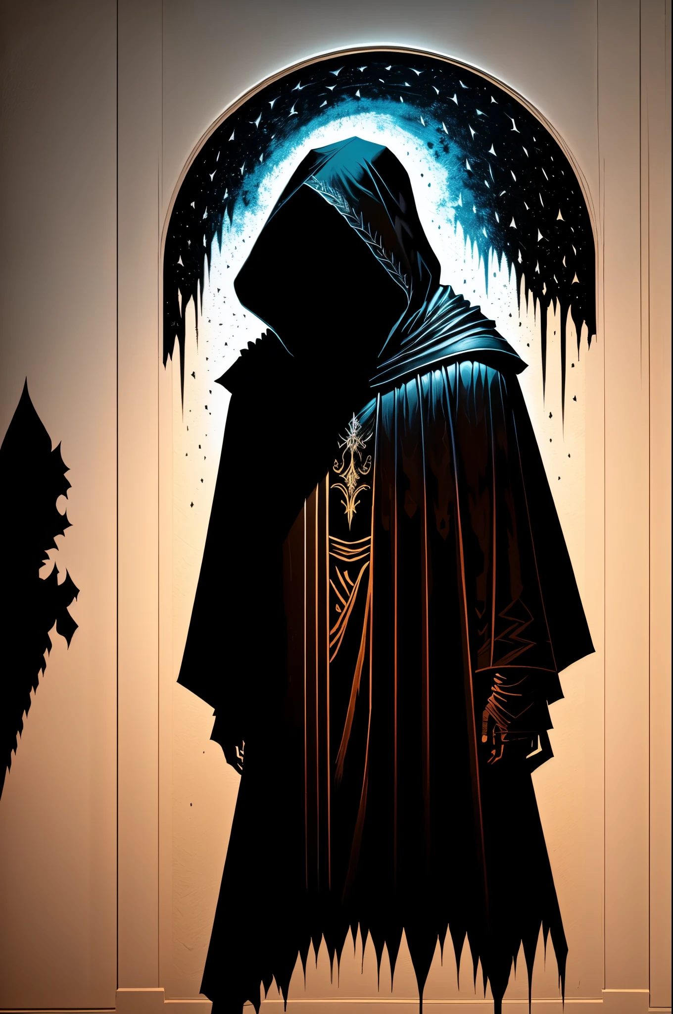 huge black impenetrable shadow of a hooded wizard, shadow over the world, silhouette, gloom, evil, bad end. An old painting