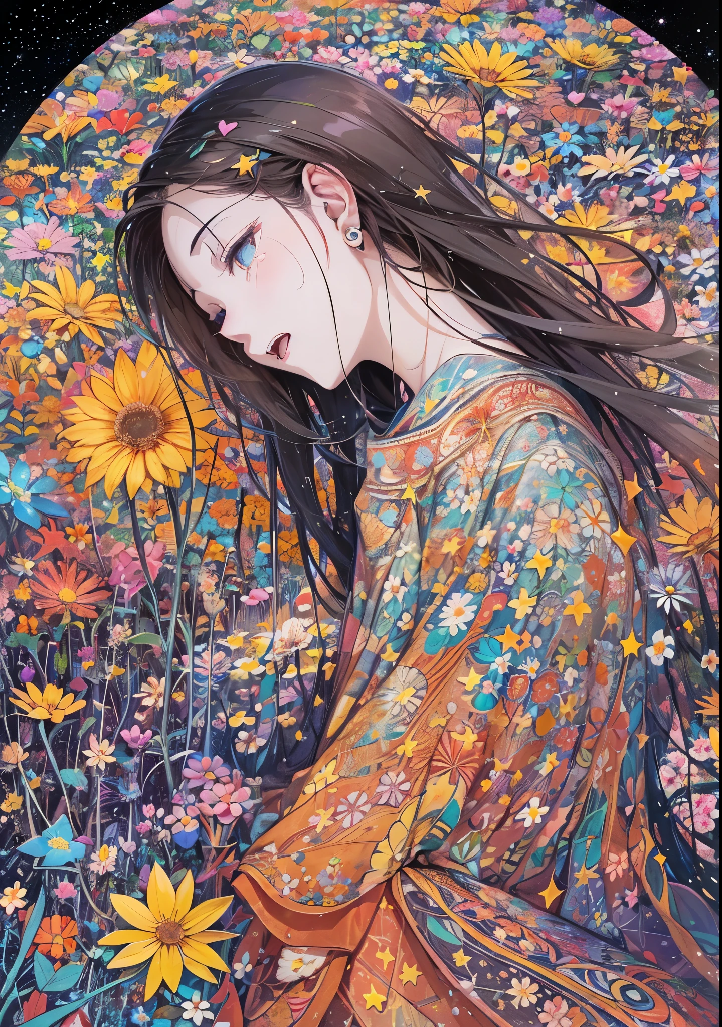 Melody Mark,top-quality、masutepiece、1womanl、独奏、(abstract  art:1.4),(Psychedelia Theme:1.6),(Gunjo World:1.5),(Lots of creatures:1.5),(Space world:1.5),(At the center of the world is the most beautiful woman in the world),(many stars are falling:1.5),A ray of light spreads,Crystals spreading from the center,prisma(Nostalgic landscapes:1.5),(colorful flower:1.5),Only the commotion pierces my heart, and I forget when my chest sighs, and I run away from reality. I&#39;ve been crying in the dream. I&#39;ve been crying in the dream, trembling and distorted in the frozen time, and the sadness piles up on the memories that I can&#39;t see. Until it disappears You say anything Even if it hurts each other, say anything You say anything Just tell me All your sweet lies Say anything To a heart that can&#39;t act If can go back to there I&#39;ve been Living only in dreams,You say anything Whatever you like to say to me Say anything You leave me out of my eyes You say anything All can hear is voice from dream Say anything You can dry my every Tears The day when the lights went out On the stage I stared at myself as I passed by々Until the love that decorates everything disappears into the sands of time You say anything Even the words that hurt each other Say anything You say anything to a heart that can&#39;t be broken Just tell me All your sweet lies Say anything To a heart that can&#39;t act Close your eyes And kill you in the rain If we kill each other gracefully, the poet&#39;s tears buried in the artificial flower buds will be shed in memory.