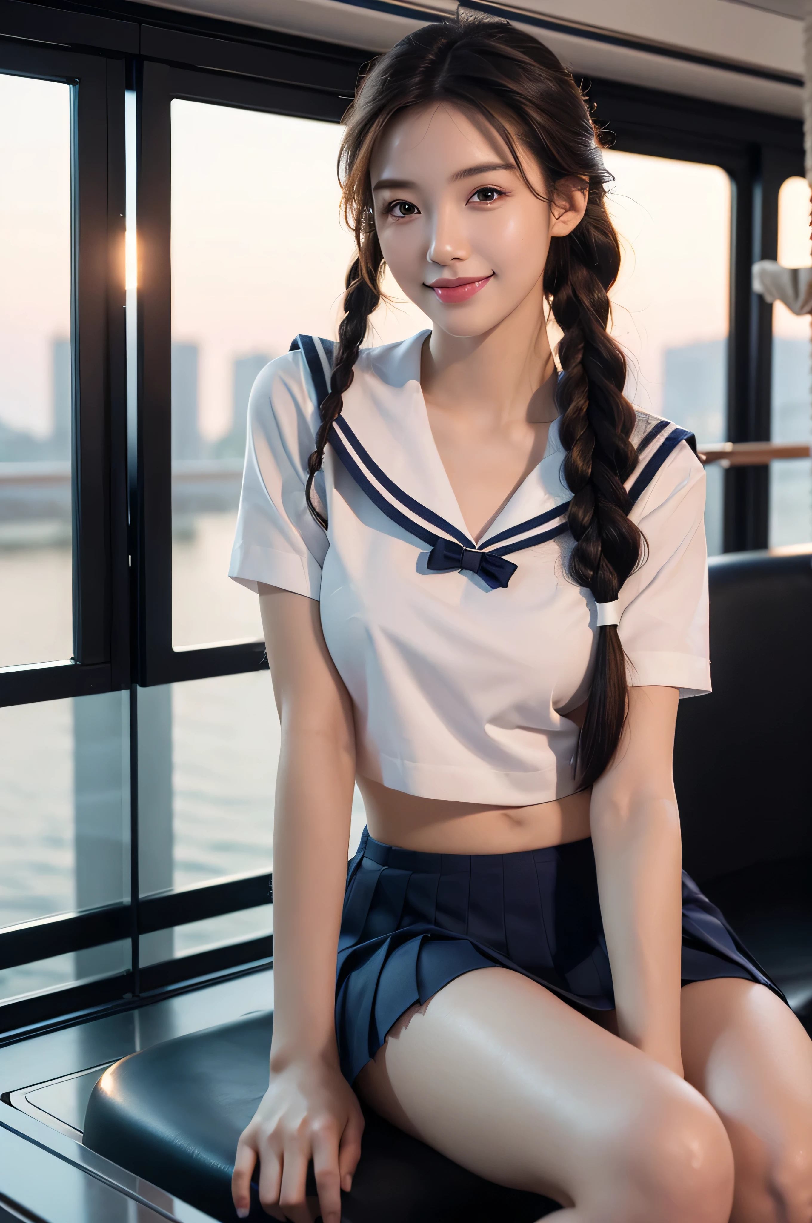 (extremely details CG、Unity、8K Wallpapers)、(extremely delicate and beautiful)、(​masterpiece)、(top-quality:1.0)、(超A high resolution:1.0)、beautiful  lighting、perfect lightning bolt、realistic shadow、[hight resolution]、Detailed skin、ultra-detailliert、detailed faces and eyes、Realistic eyes、Sharp pupils、cowboy  shot, Inside the classroom、Schools、Evening glow、beauitful face、blurry backround、16-year-old beautiful girl、shinny skin、Side Up、Beautiful black hair、Blunt bangs、black eyes、a sailor suit、Pleated miniskirt、Curve、Sitting on a desk、(Opening legs、You can see light panties.:1.2)、Smile with open mouth、Looks happy