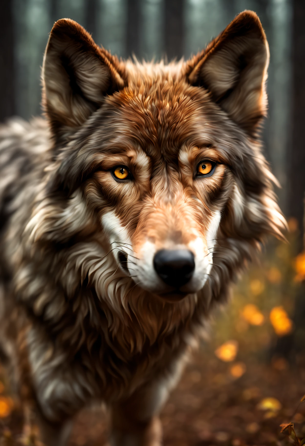 ((brown wolf)), forest wildfire, raining, bright eyes, glowing, 24mm, 4k, soft cinematic light, RAW photo, photorealism, photorealistic, intricate, elegant, highly detailed, sharp focus, ((cinematic look)), soothing tones, insane details, intricate details, hyperdetailed, low contrast, soft cinematic light, dim colors, exposure blend, hdr, faded, (epic), sexy, magical, blooming, iridescent, epic