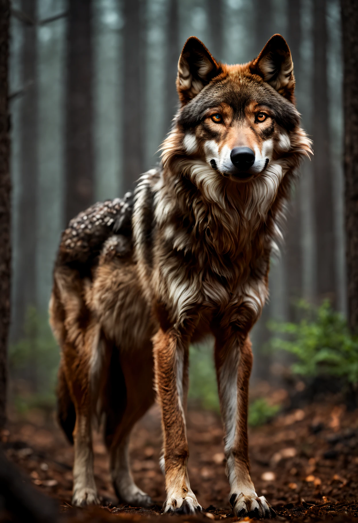 ((brown wolf)), forest wildfire, raining, bright eyes, glowing, 24mm, 4k, soft cinematic light, RAW photo, photorealism, photorealistic, intricate, elegant, highly detailed, sharp focus, ((cinematic look)), soothing tones, insane details, intricate details, hyperdetailed, low contrast, soft cinematic light, dim colors, exposure blend, hdr, faded, (epic), sexy, magical, blooming, iridescent, epic