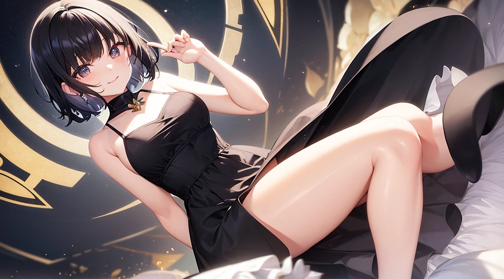 One person、Black long dress、Ivory-colored hair、short-hair、Marl、smiling girl、kawaii pose