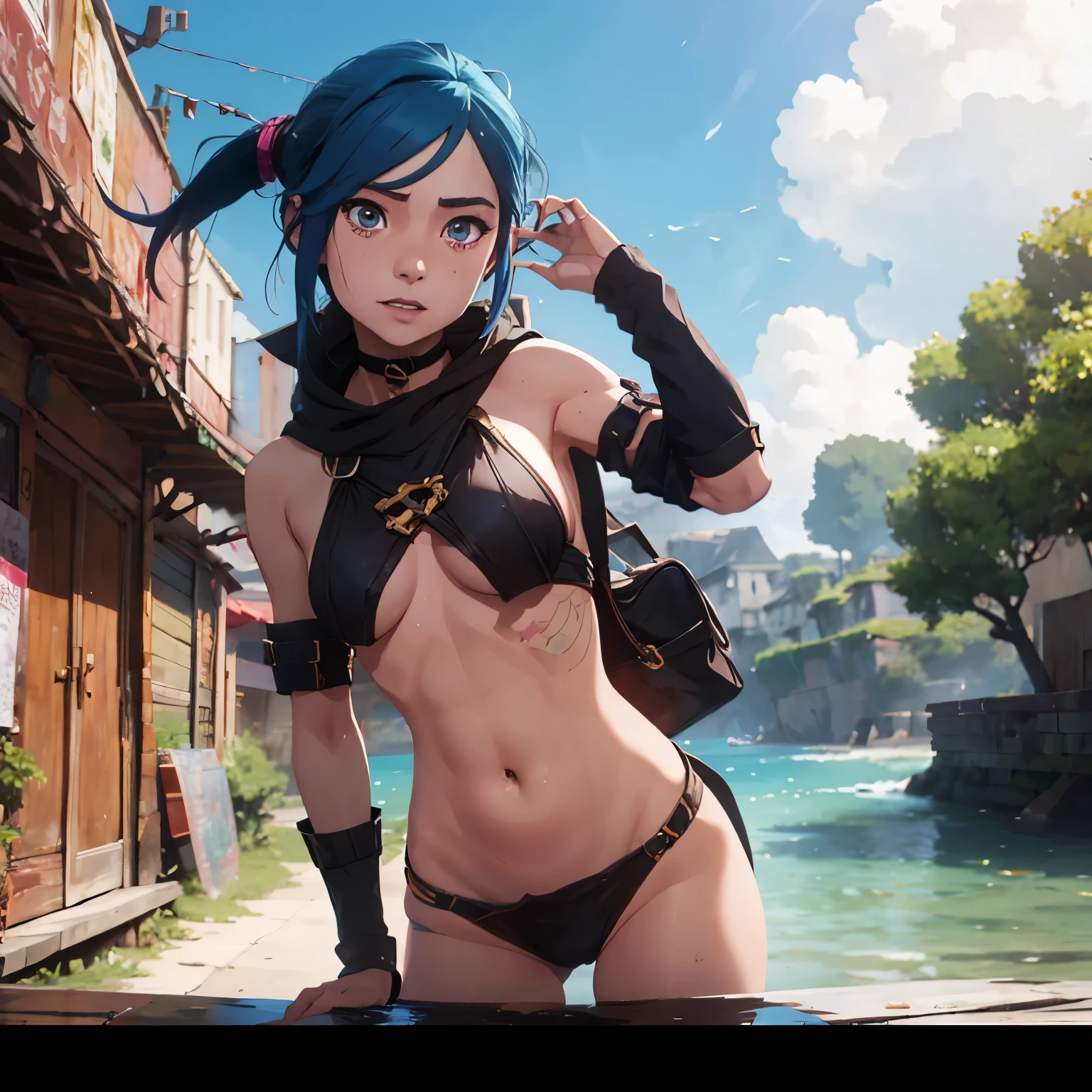 Jinx nude from league of legends, trying to hide her boobs