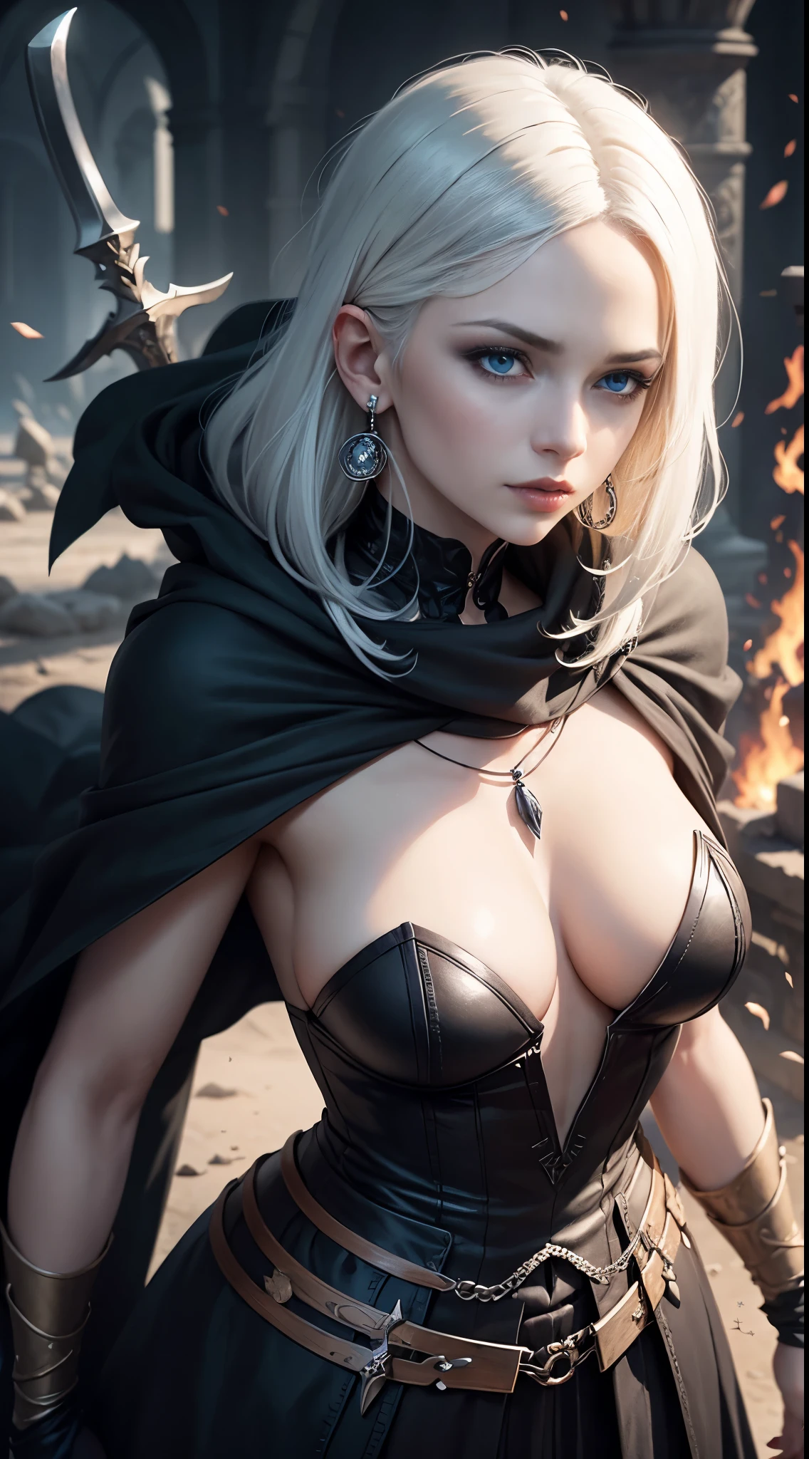 1 mature woman, medium white hair, blue eyes, black makeup, with a black cloak, necklace, earrings, almost naked, splashes of blood on the face and body, a lot of blood on the hands, a sword full of blood in the hands, in a battlefield with dismembered corpses