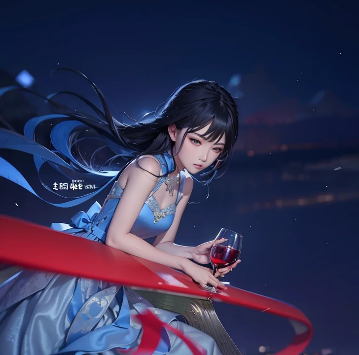 Chinese girl in a blue dress holding a glass of wine, guweiz, beautiful girl, black hair, fly away hair, pointed nose, beautiful lips, realistic ultra details, high quality face