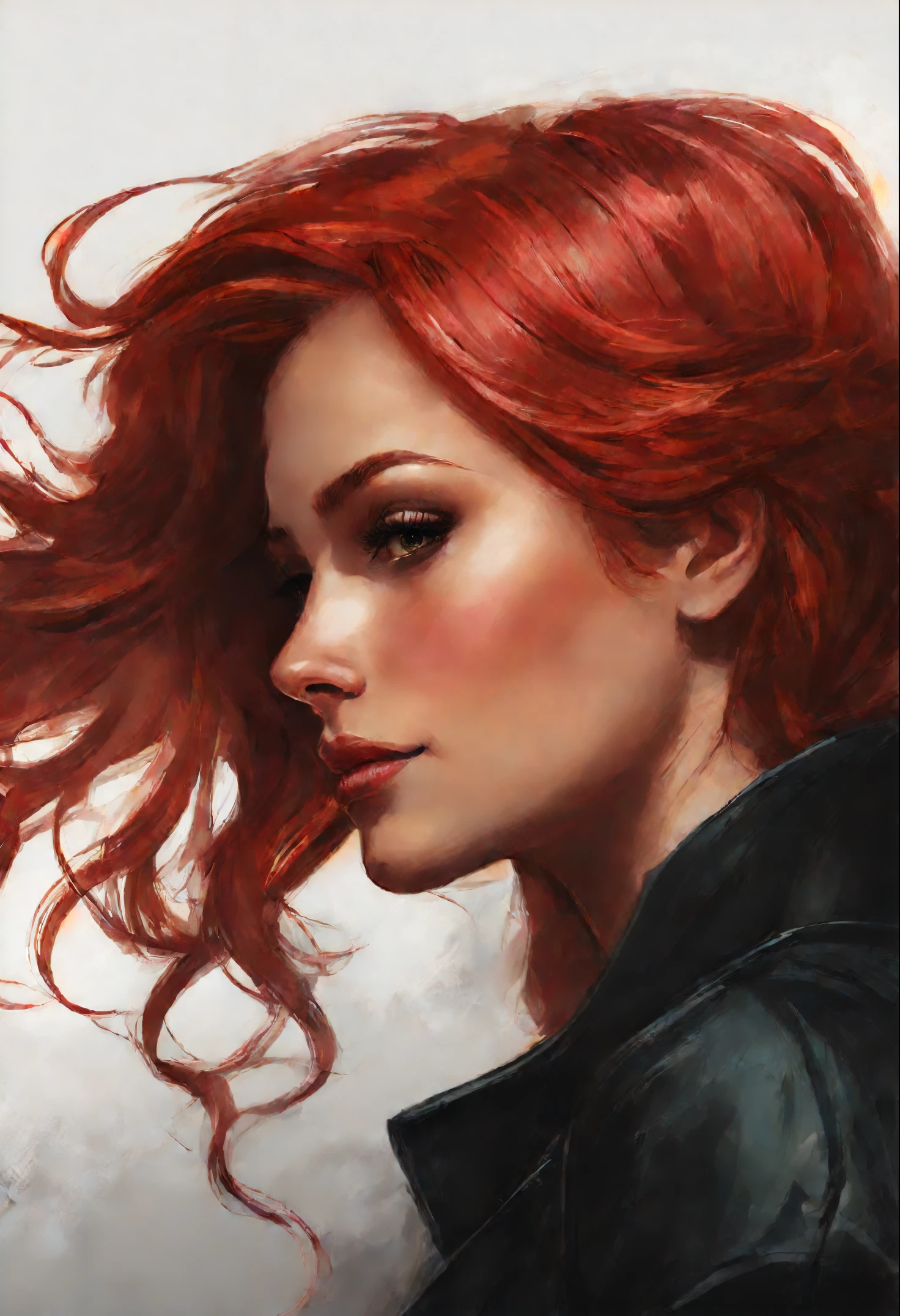 close-up of a woman with red hair and a black jacket, charlie bowater rich deep colors, charlie bowater character art, charlie bowater art style, neoartcore and charlie bowater, graphic artist magali villeneuve, inspired by Magali Villeneuve, artgerm and atey ghailan, style of charlie bowater, magali villeneuve'