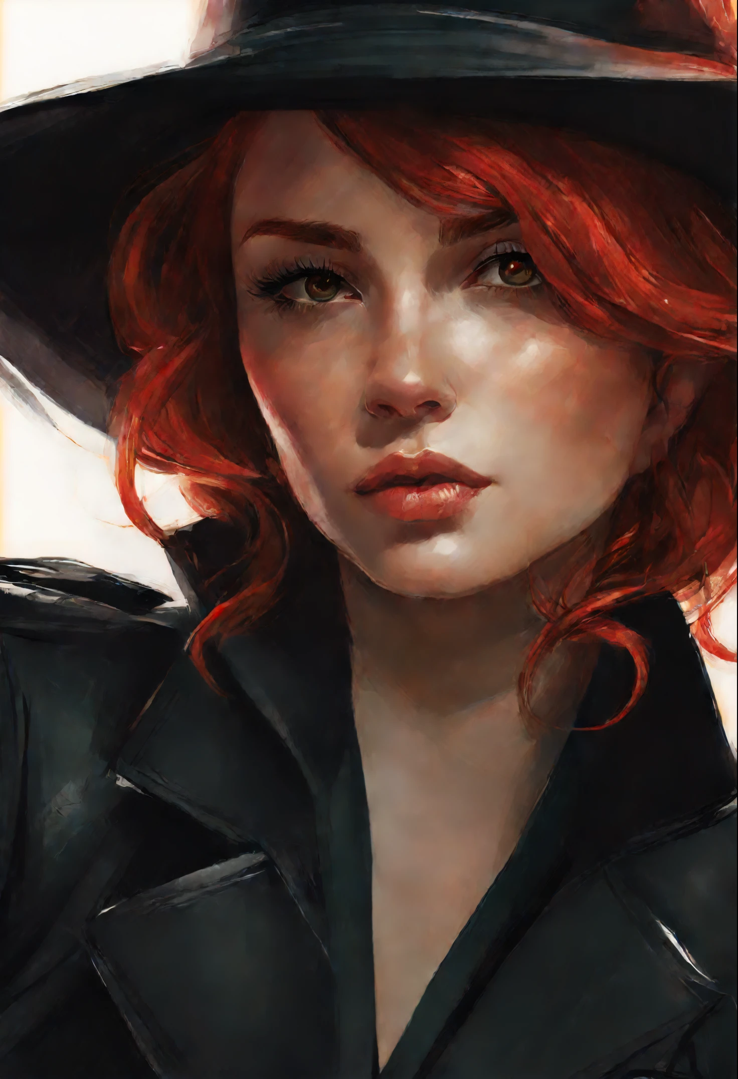 close-up of a woman with red hair and a black jacket, charlie bowater rich deep colors, charlie bowater character art, charlie bowater art style, neoartcore and charlie bowater, graphic artist magali villeneuve, inspired by Magali Villeneuve, artgerm and atey ghailan, style of charlie bowater, magali villeneuve'