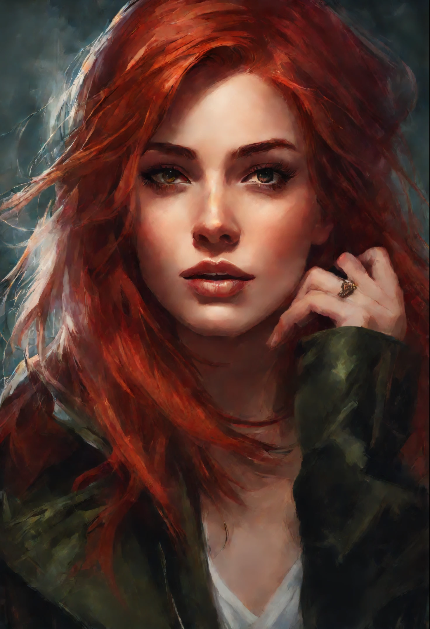 close-up of a woman with red hair and a black jacket, charlie bowater rich deep colors, charlie bowater character art, charlie bowater art style, neoartcore and charlie bowater, graphic artist magali villeneuve, inspired by Magali Villeneuve, artgerm and atey ghailan, style of charlie bowater, magali villeneuve'