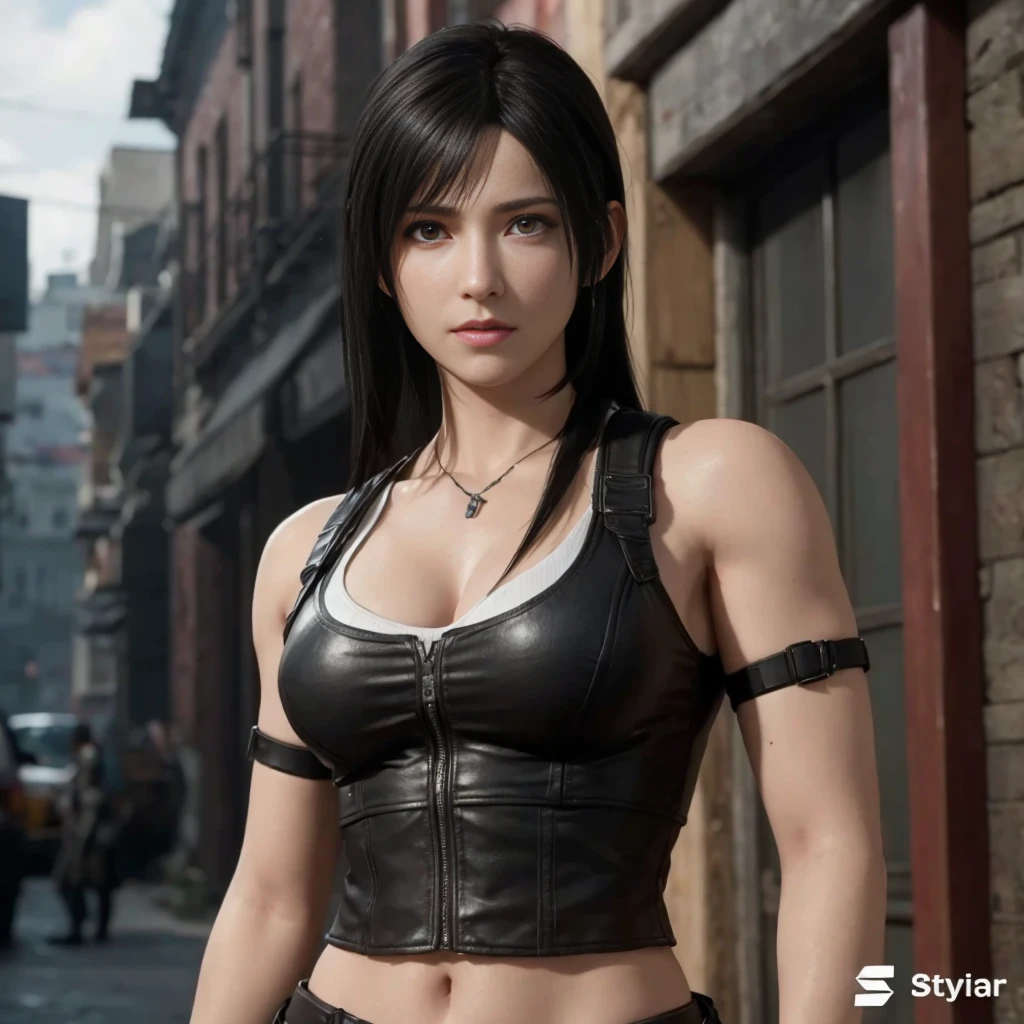 (best quality,ultra-detalhado),(Realistic:1.37),Tifa Lockhart, Rosto bonito e detalhado, maquiagem preta nos olhos, textura ultra realista, rosto delicado, expression serious