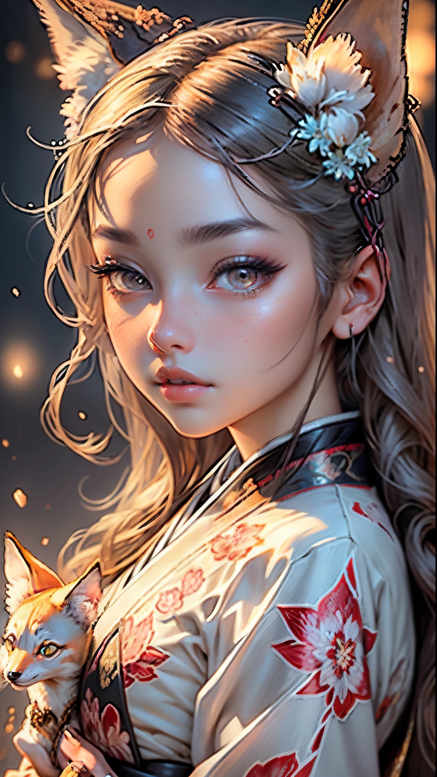 (a girl with),beautiful detailed eyes,beautiful detailed lips,extremely detailed eyes and face,long eyelashes,illustration,ultra-detailed,highres,photorealistic:1.37, vivid colors,soft lighting, Kitsune,traditional Japanese art style, ethereal glowing background