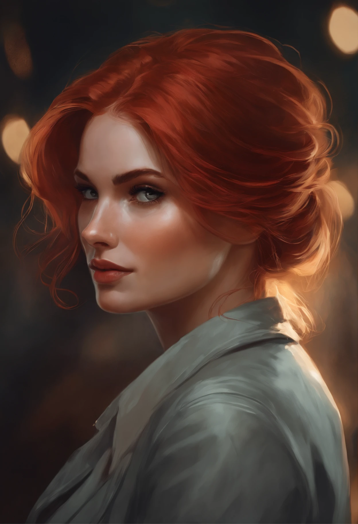 close-up of a woman with red hair and a black jacket, charlie bowater rich deep colors, charlie bowater character art, charlie bowater art style, neoartcore and charlie bowater, graphic artist magali villeneuve, inspired by Magali Villeneuve, artgerm and atey ghailan, magali villeneuve'