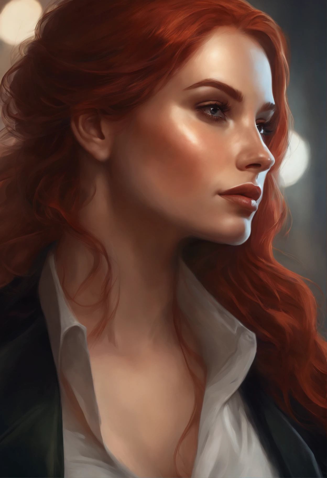 close-up of a woman with red hair and a black jacket, charlie bowater rich deep colors, charlie bowater character art, charlie bowater art style, neoartcore and charlie bowater, graphic artist magali villeneuve, inspired by Magali Villeneuve, artgerm and atey ghailan, magali villeneuve'