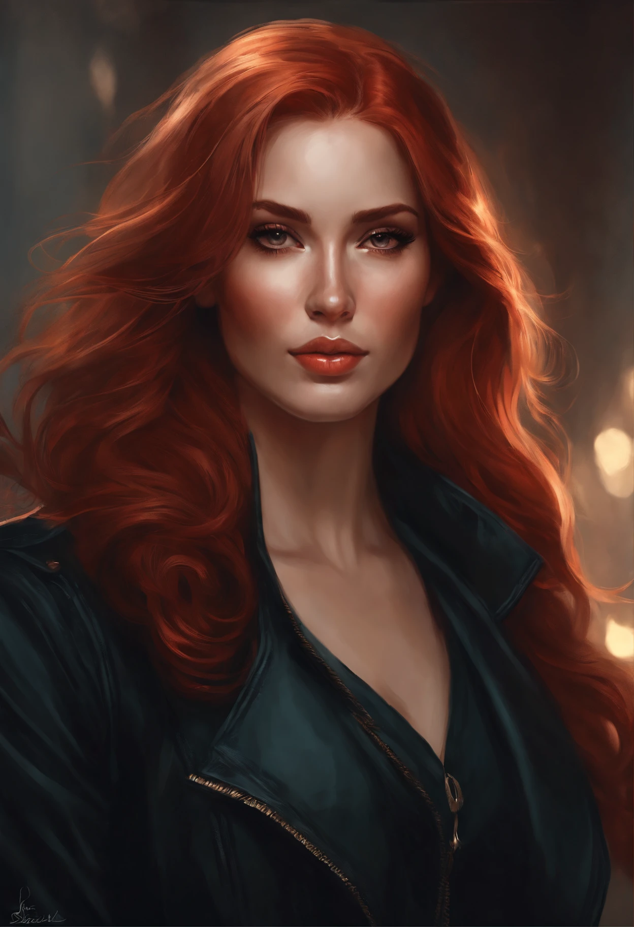 close-up of a woman with red hair and a black jacket, charlie bowater rich deep colors, charlie bowater character art, charlie bowater art style, neoartcore and charlie bowater, graphic artist magali villeneuve, inspired by Magali Villeneuve, artgerm and atey ghailan, magali villeneuve'