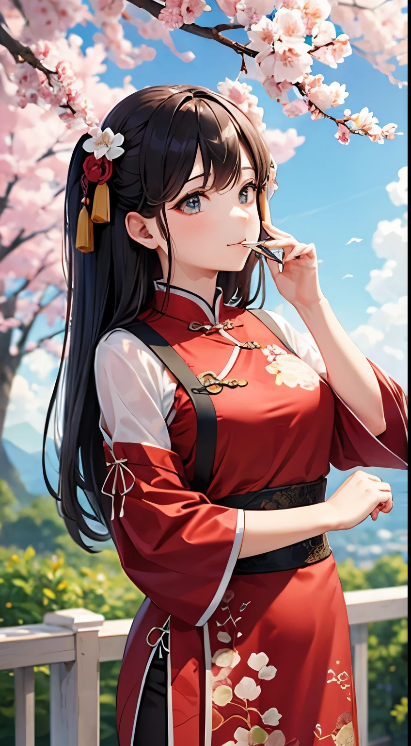 Girls wearing traditional Chinese clothes under the peach blossom tree(The Year of Cardamom) The longing distant lover Hongyan holds a hairpin in her hand