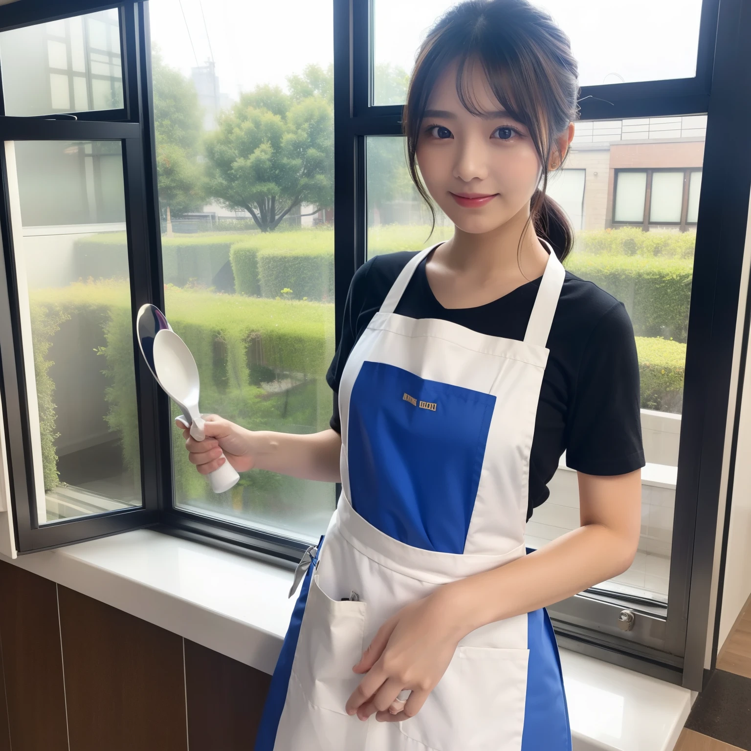 A woman wearing an apron、I'm cleaning the windows。ren、Beautuful Women、It's shiny