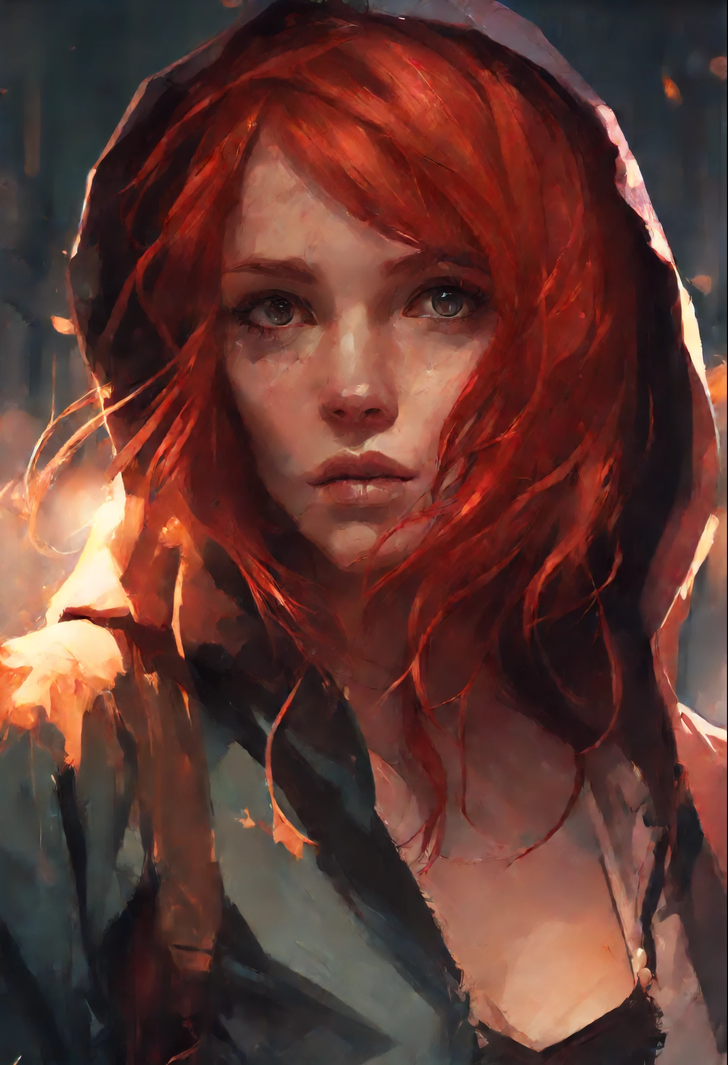 Close-up of a woman with red hair wearing a hoodie, alexandra fomina artstation, fantasy concept art portrait, loish and wlop, alena aenami and artgerm, artwork in the style of guweiz, artgerm and atey ghailan, charlie bowater character art, graphic artist magali villeneuve