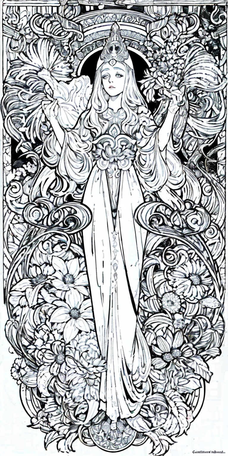 Flowers and goddess, ploynesian, garden, art for coloring book page, full white background, only use outline, line art, coloring book, clean line art, mandala for coloring with nature ornaments,  and clean line art, coloring book page, adorned in Art Nouveau style, with a stroke of Alfons Mucha's brush, perfect details, real.