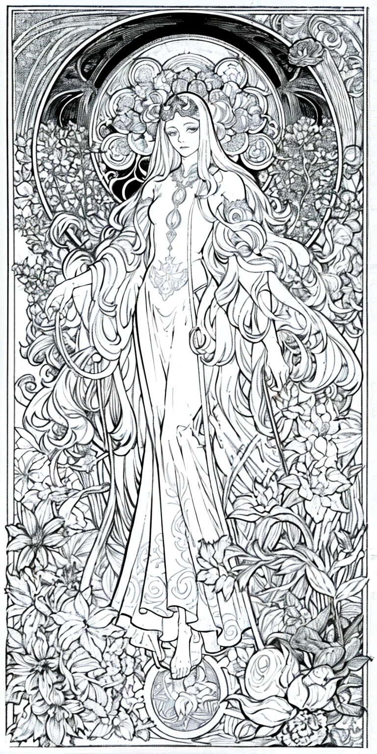 Flowers and goddess, ploynesian, garden, art for coloring book page, full white background, only use outline, line art, coloring book, clean line art, mandala for coloring with nature ornaments,  and clean line art, coloring book page, adorned in Art Nouveau style, with a stroke of Alfons Mucha's brush, perfect details, real.