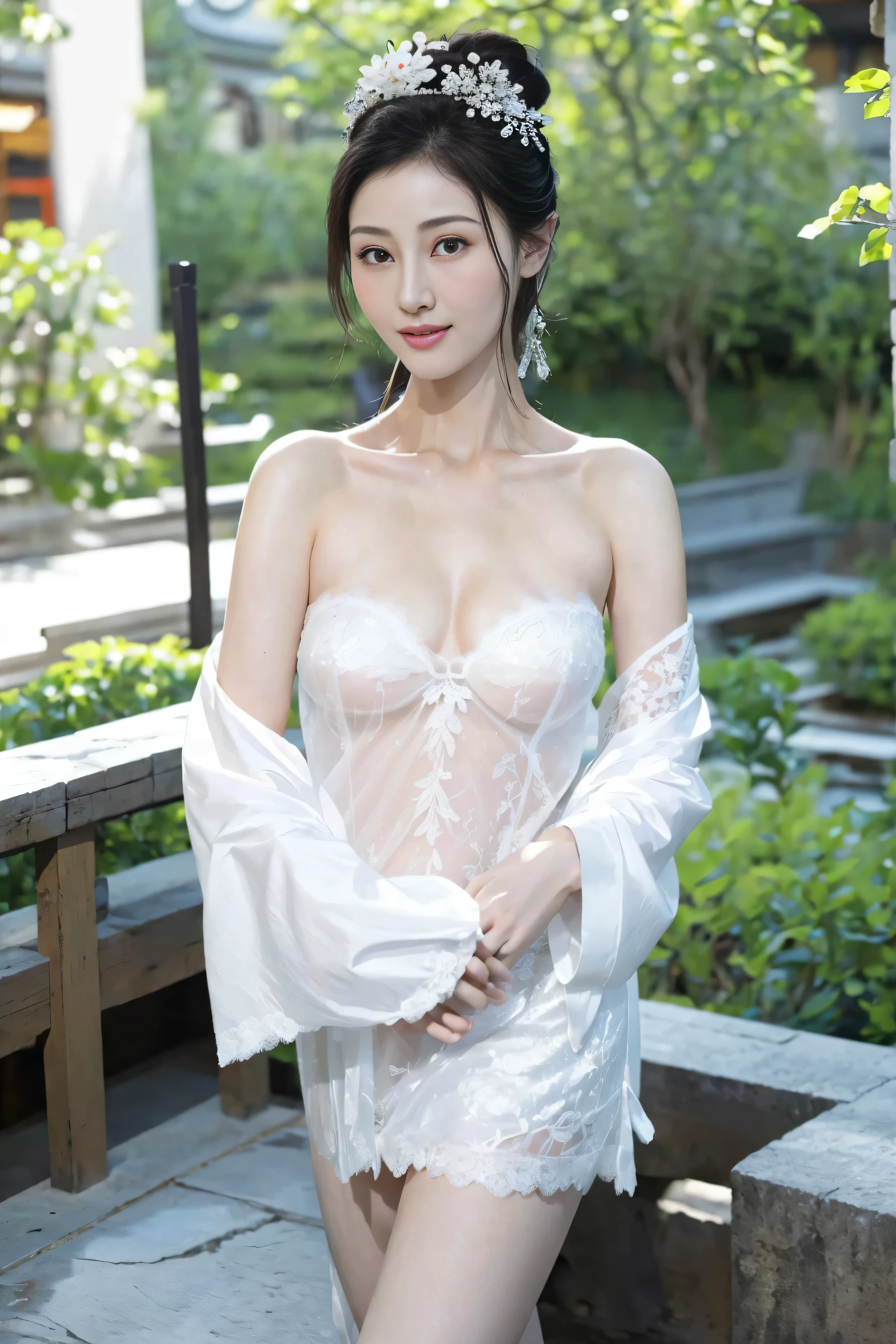 Fashion model 18 years old， [[[[Close-up cleavage]]]], [[[[rapeseed]]]], [[[[shoulder]]]], perfect  eyes, Perfect iris，perfect lips，perfect teeth，Perfect Skin，with fair skin，HighDynamicRange，Movie Girl，(delicated face)，(Highly defined faces)，((White antique style casual underwear)))，(((Ancient Chinese girly hairstyle)))，(((Obscenity exposed)))，(((lace underwear big breasts)))，（(((Ancient Chinese courtyard in the background)))，((legs separated))，(lush greenery，flowers blooming)，((A smile of excitement and satisfaction on his face))，((Sexy and charming expression))，((looking at viewert))，4K Ultra HD, 超高分辨率, (realistically: 1.4), Best quality，tmasterpiece，（pastel colour：1.2)