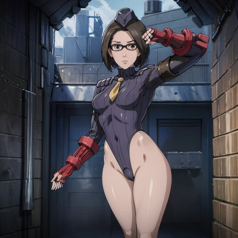 ultra-detailed, Explicit, Beautiful body, Beautiful Nose, Beautiful character design, perfect eyes, perfect face, ultra highres, 4K, beautiful legs, perfect legs, Nice hands, Perfect hand, Masterpiece, Best Quality, Highly detailed, illustration, absurdres, street fighter, doll suit, shadaloo doll, dollsuit, expressionless, blank eyes, looking at viewer, red gloves, emotionless, black latex, corrution, mind control, female combatant, full body, hypnotized, unhappy trance, full body suit, ribbed bodysuit, both arms at side, obey, perfect female body, extremely glossy latex, hypnosis, hypnoLora, empty eyes, Mind control device, poses, submissive_pose, Slave, hat, necktie, stand up straight, standing, standing at attention, hat, necktie, belt, latex, ribbed bodysuit, thighhighs, garter belt, Fighting Stance, extending the right arm from the shoulder into the air with a straightened hand, nazi saluting, military, military saluting, salute, thigh boots, 1girl, solo, Kasen Tosu, My Home Hero, brown eyes, glasses, short hairm, brown hair