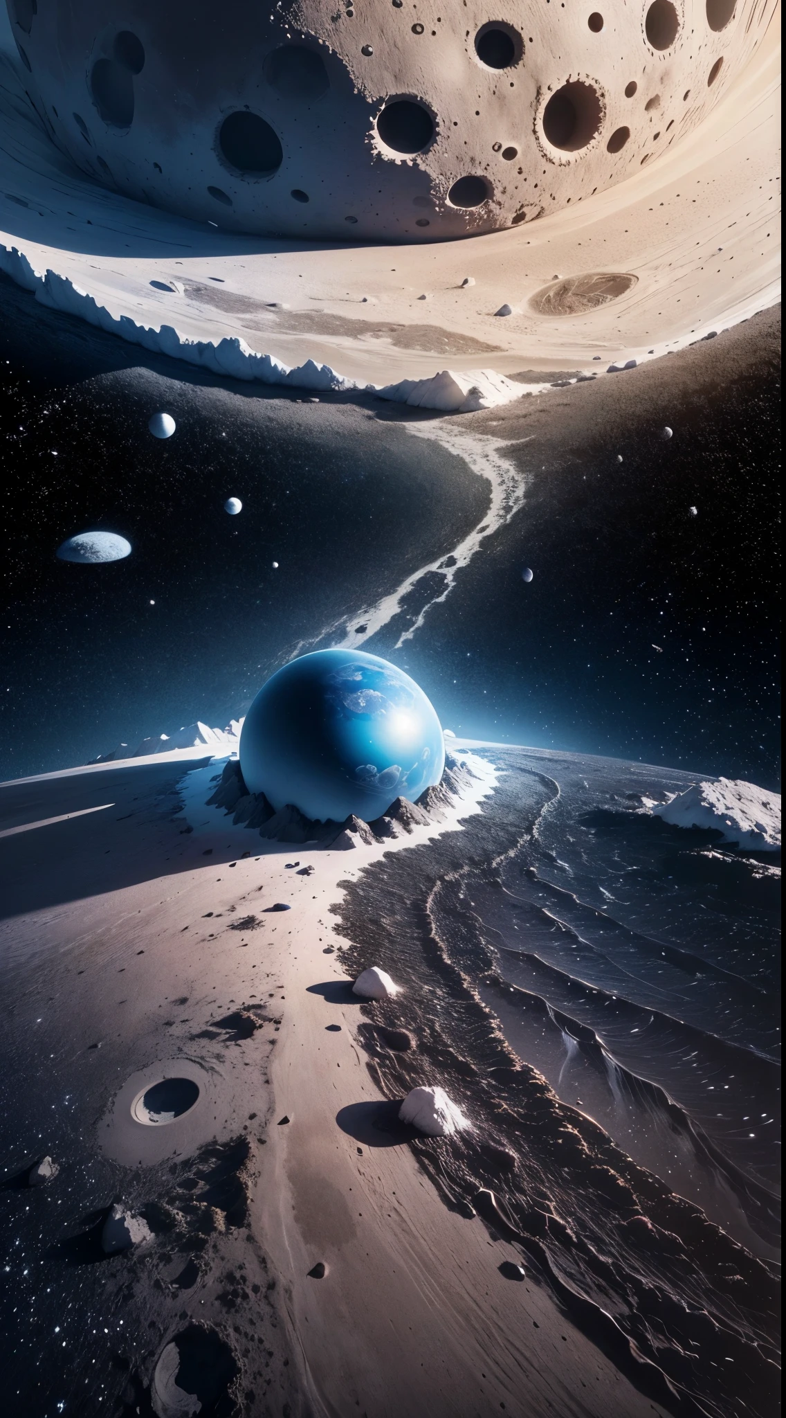 Main items、upscales、Superior image quality、8K quality、Beautiful starry sky pictures、a gorgeous、arching milkyway:1.25、费德从Lunar surface看到的地球:1.9, Lunar surface, space photo, on moon, Moon background, Moon background, on moon, Lunar soil, space photo, moonscape, Focus on the Moon, on moon, countless craters, Huge earth in the sky