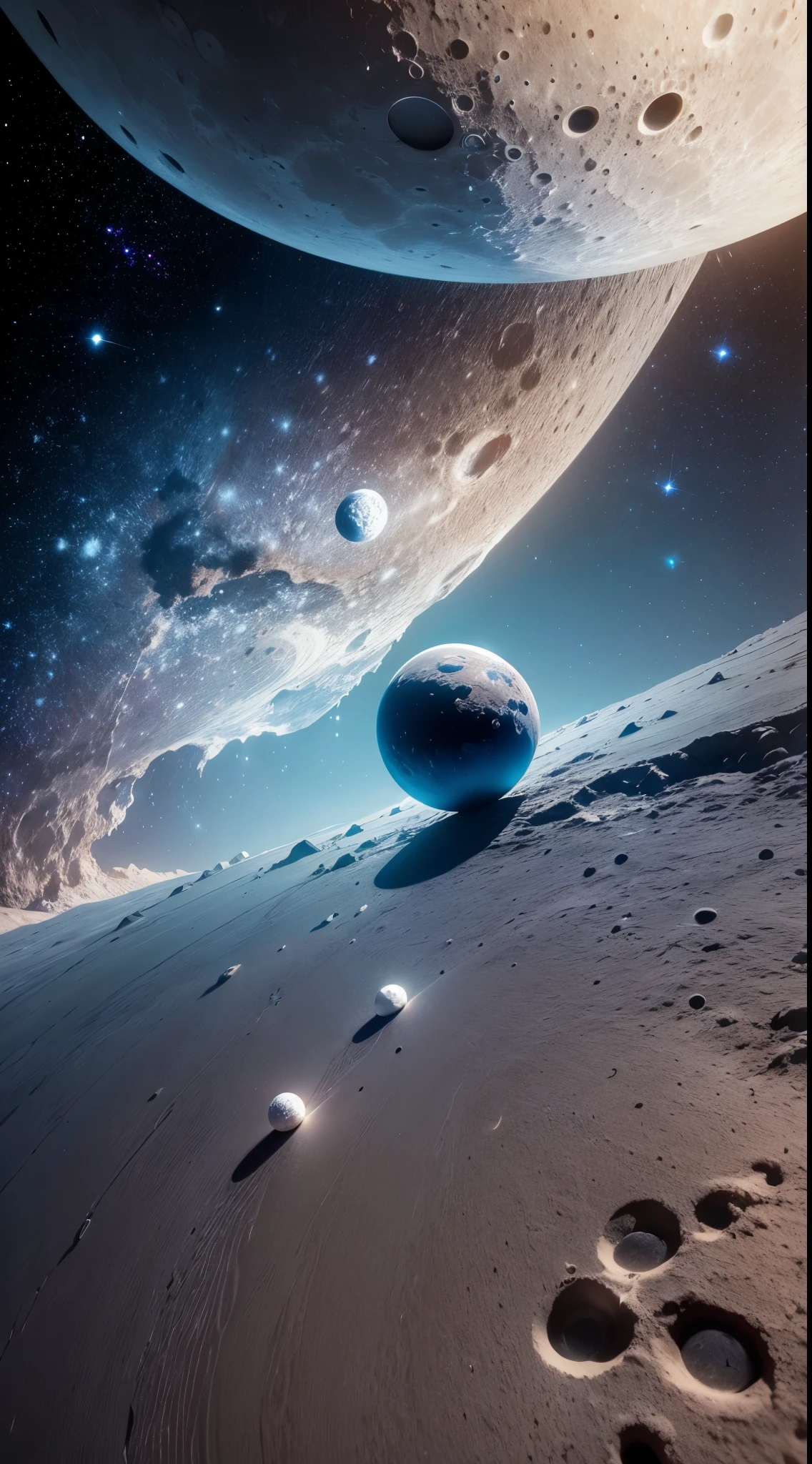 Main items、upscales、Superior image quality、8K quality、Beautiful starry sky pictures、a gorgeous、arching milkyway:1.25、费德从Lunar surface看到的地球:1.9, Lunar surface, space photo, on moon, Moon background, Moon background, on moon, Lunar soil, space photo, moonscape, Focus on the Moon, on moon, countless craters, Huge earth in the sky