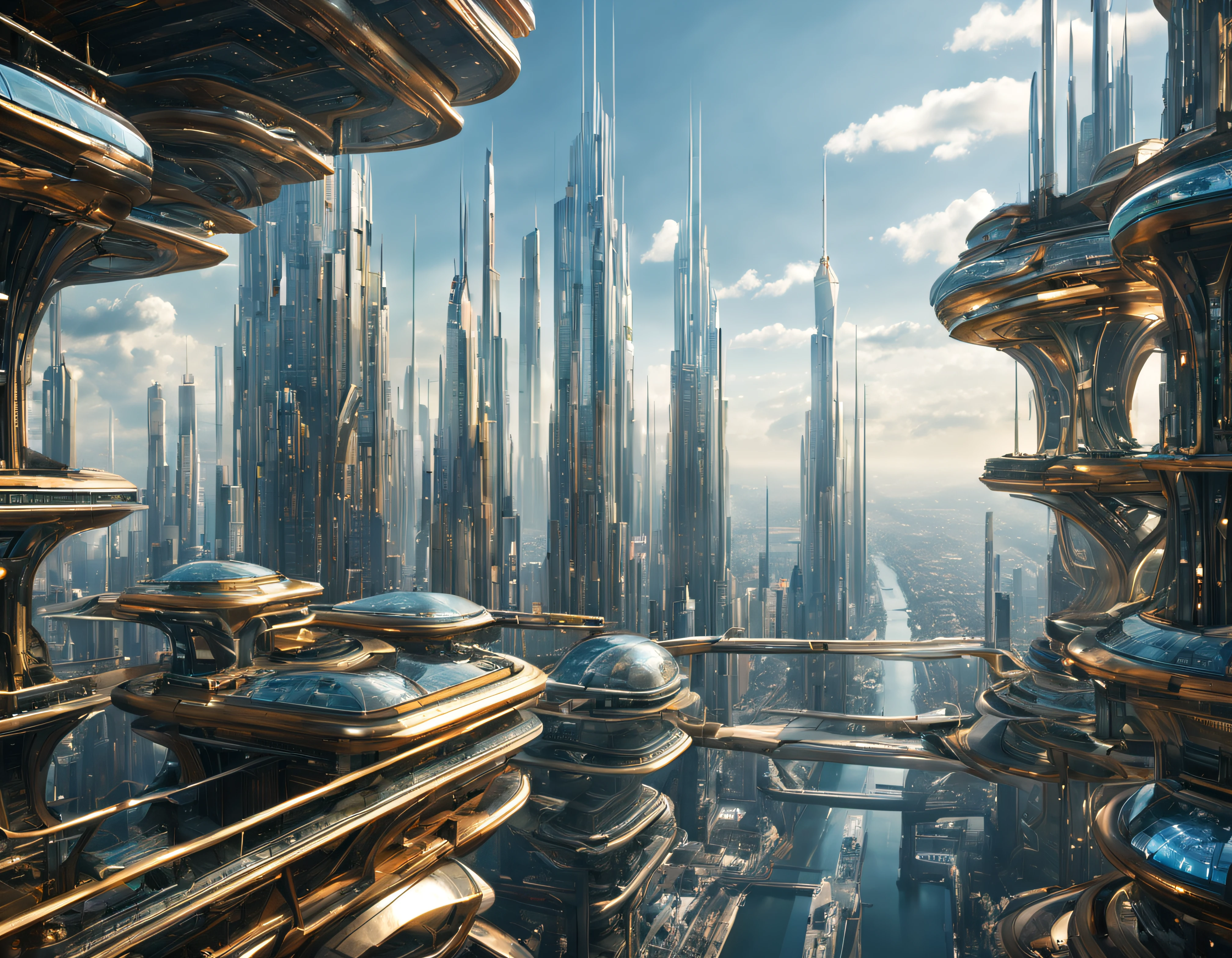 the city of megacity futuristic science fiction city as it would be in the year 3029, vista desde una terraza , with high-tech design , edificios de metal y cristal, autopistas cruzandolos, de una inmensidad impresionante, con el empleo de oro , plata y bronce en su construccion, realmente impresionante a la vista, imagen bien definida con muchos edificios juntos. imagen nitida bien definida 8k. los edificios llegan alta el fondo.,8k. imagen cinematografica